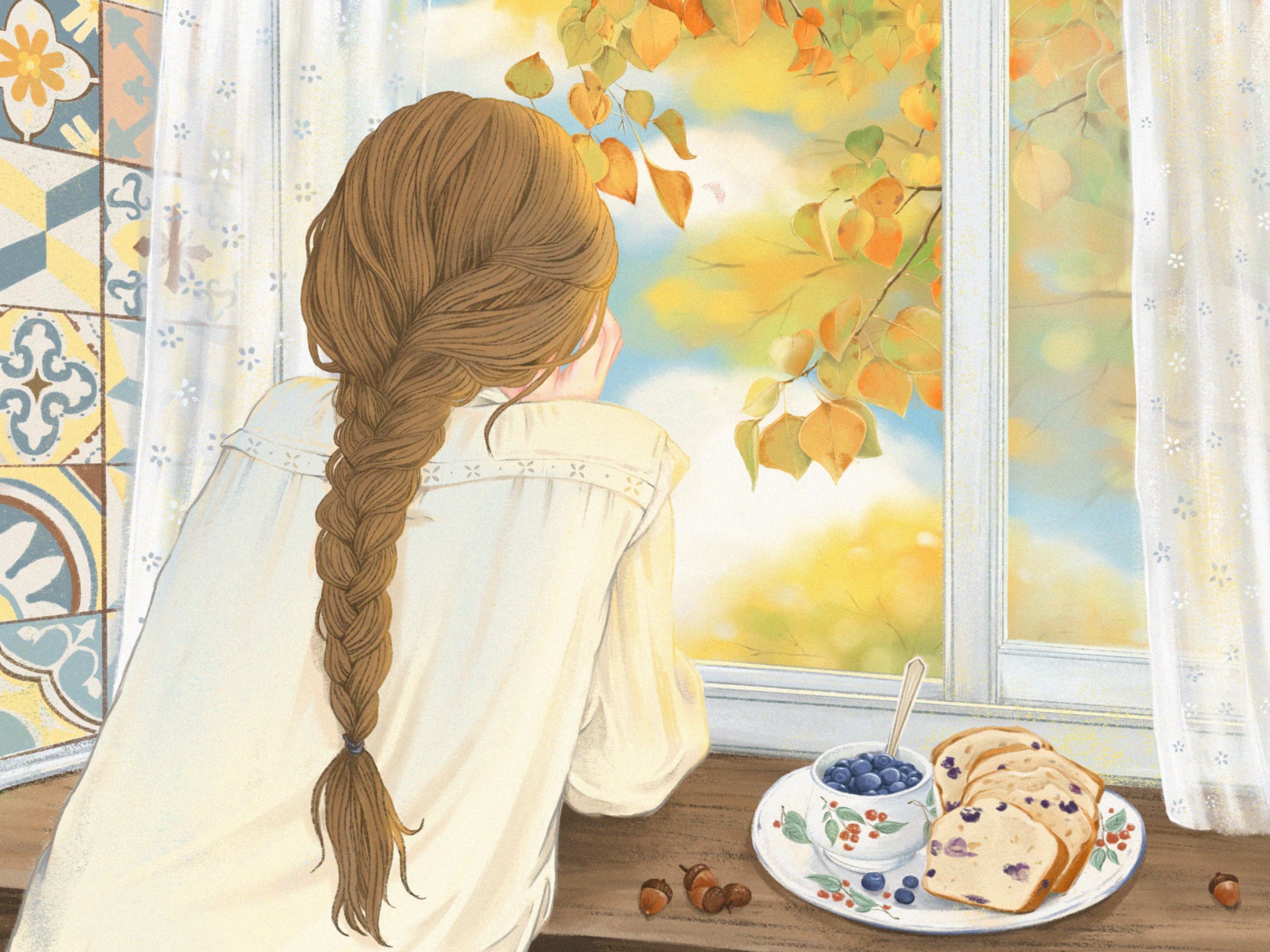 秋天窗边的少女