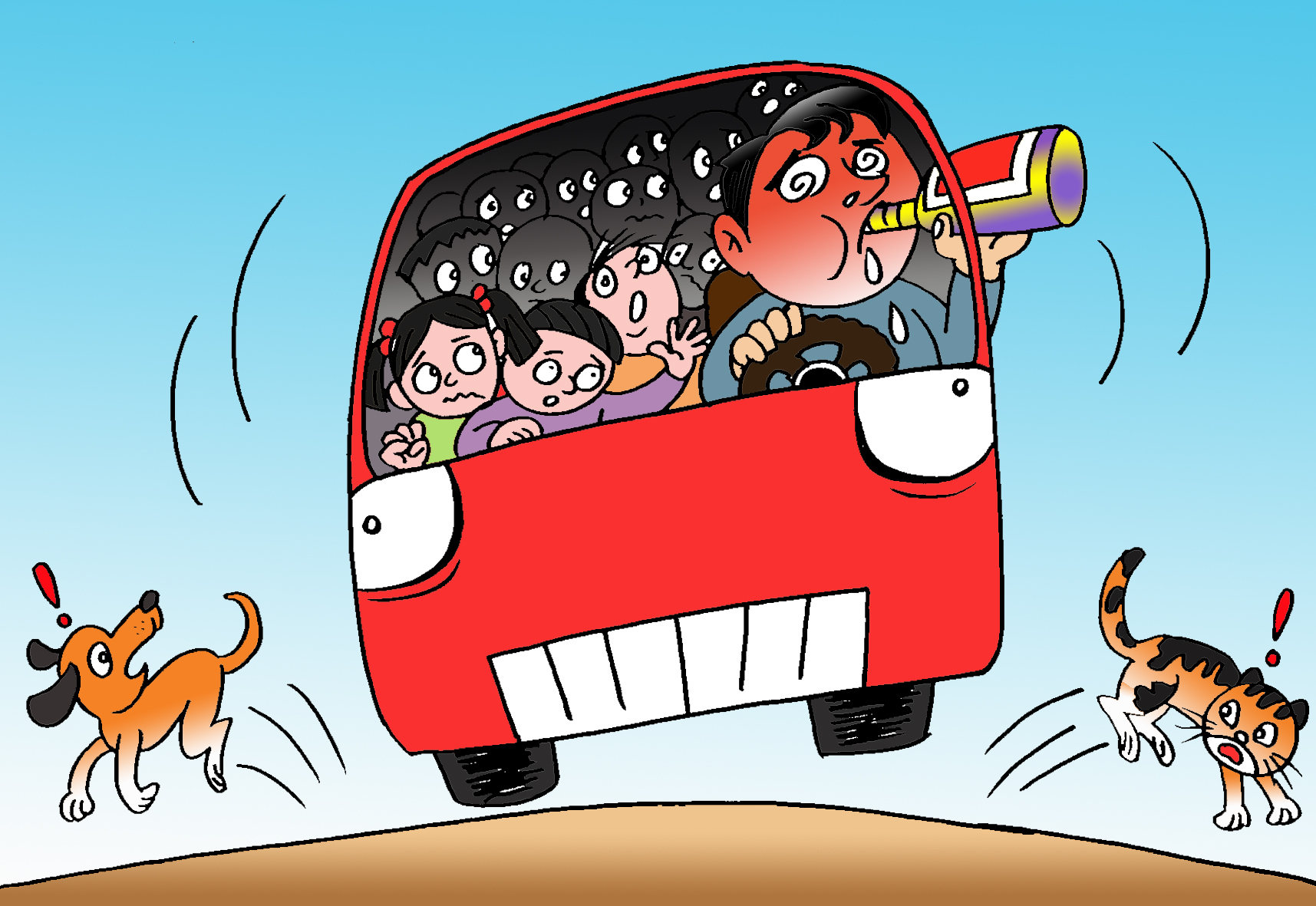 漫画:7座"黑校车"塞进20名学生,司机醉驾称每天喝酒