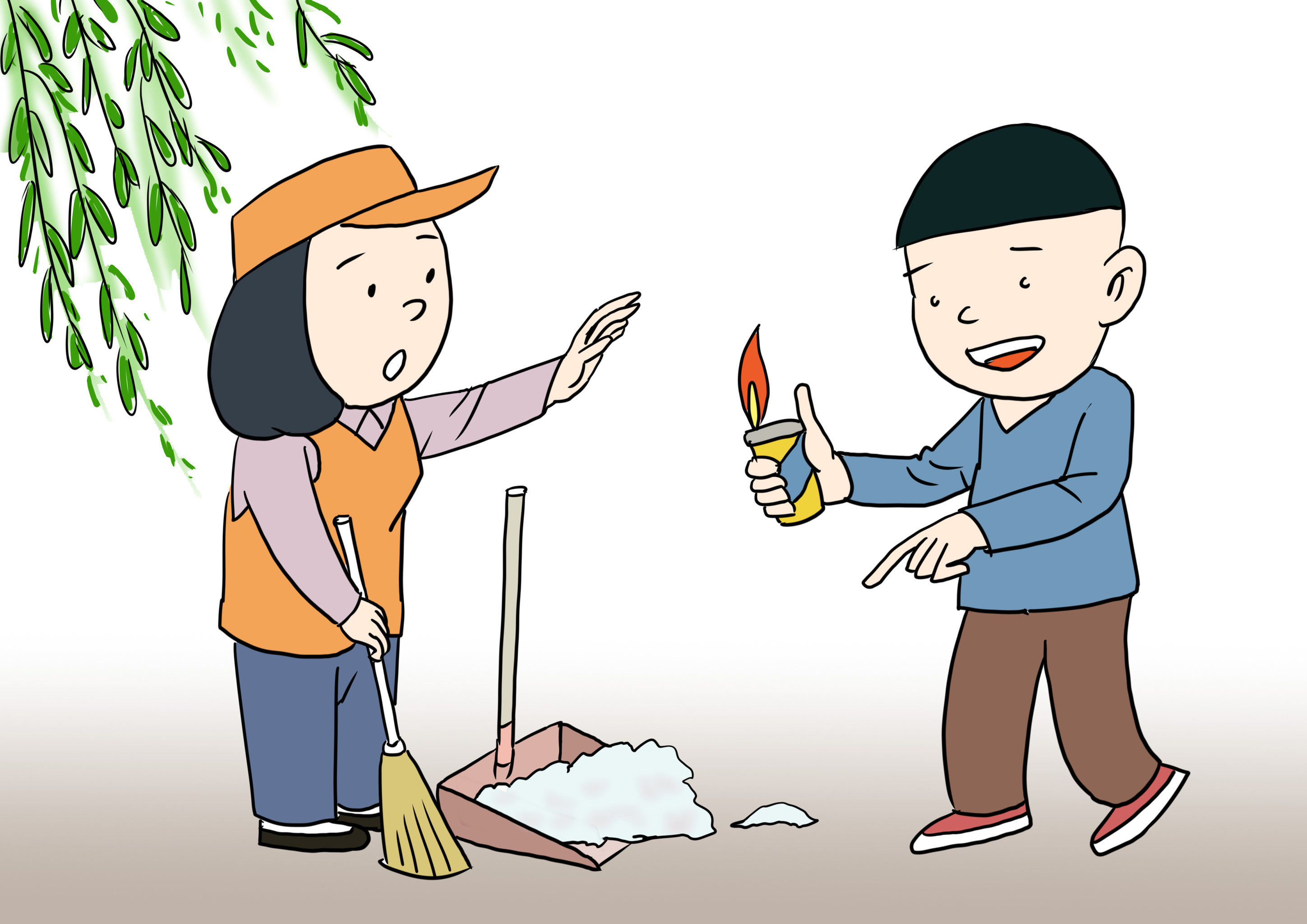 插画杨柳飞絮请勿火烧