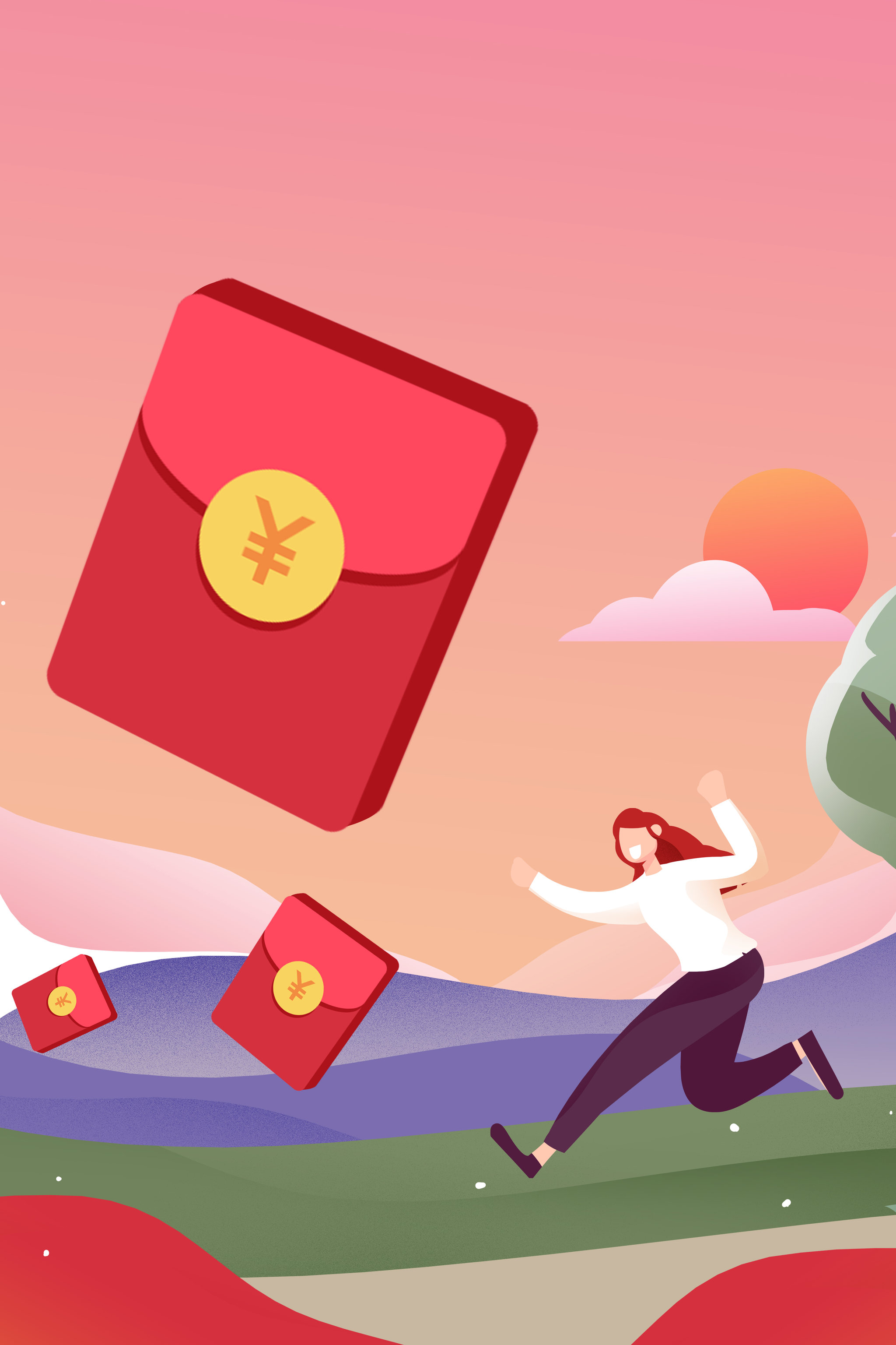 卡通手绘红包人物喜庆推广促销庆祝送红包金币插画