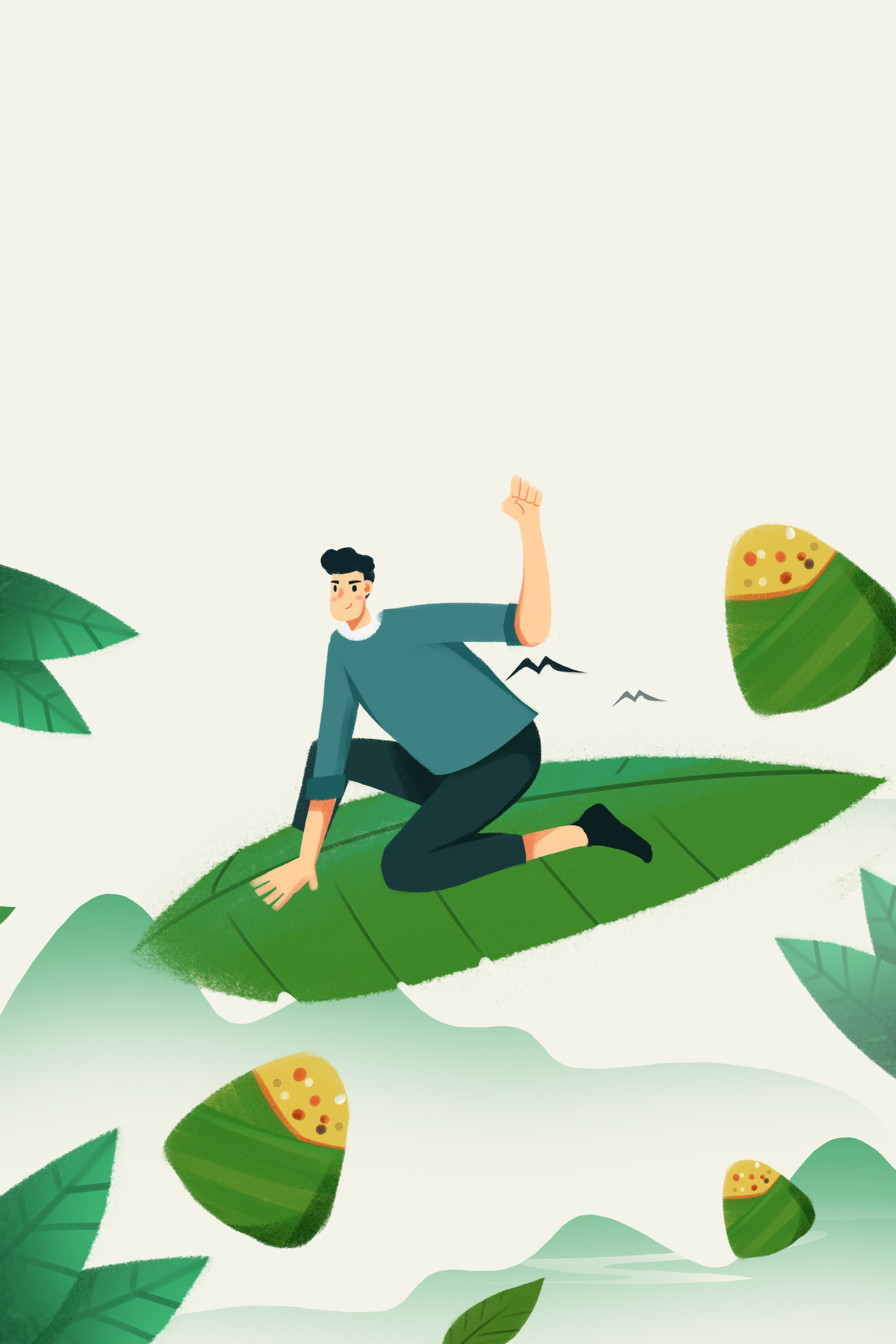 卡通手绘绿色中国风端午节插画