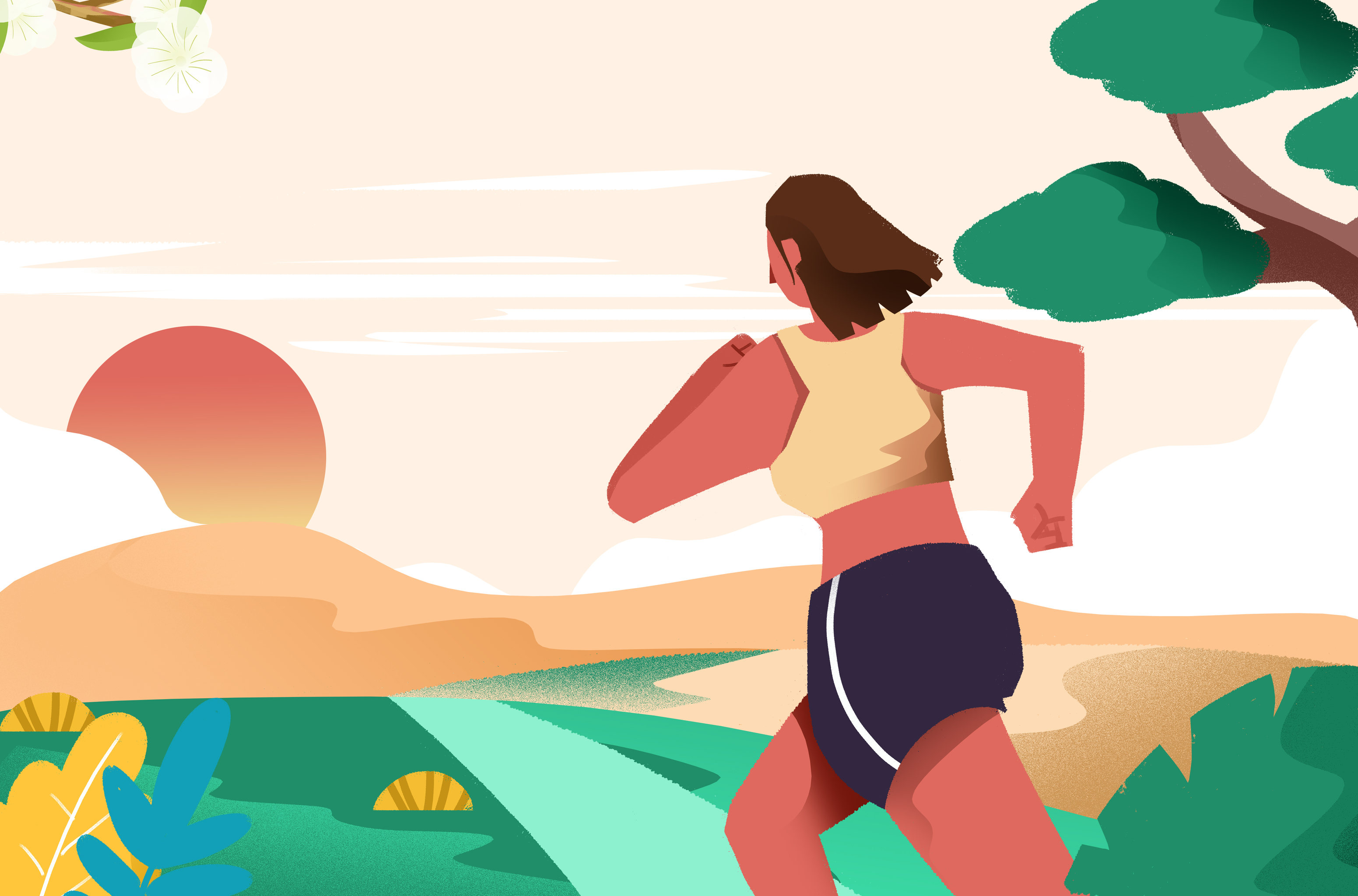 卡通手绘女子跑步锻炼插画