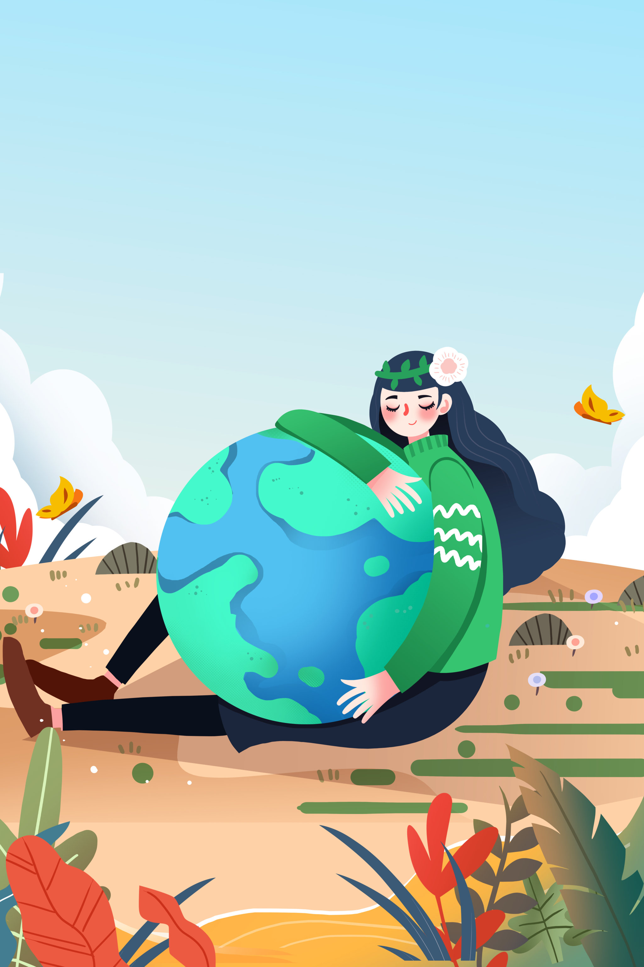 卡通手绘少女拥抱地球世界地球日插画