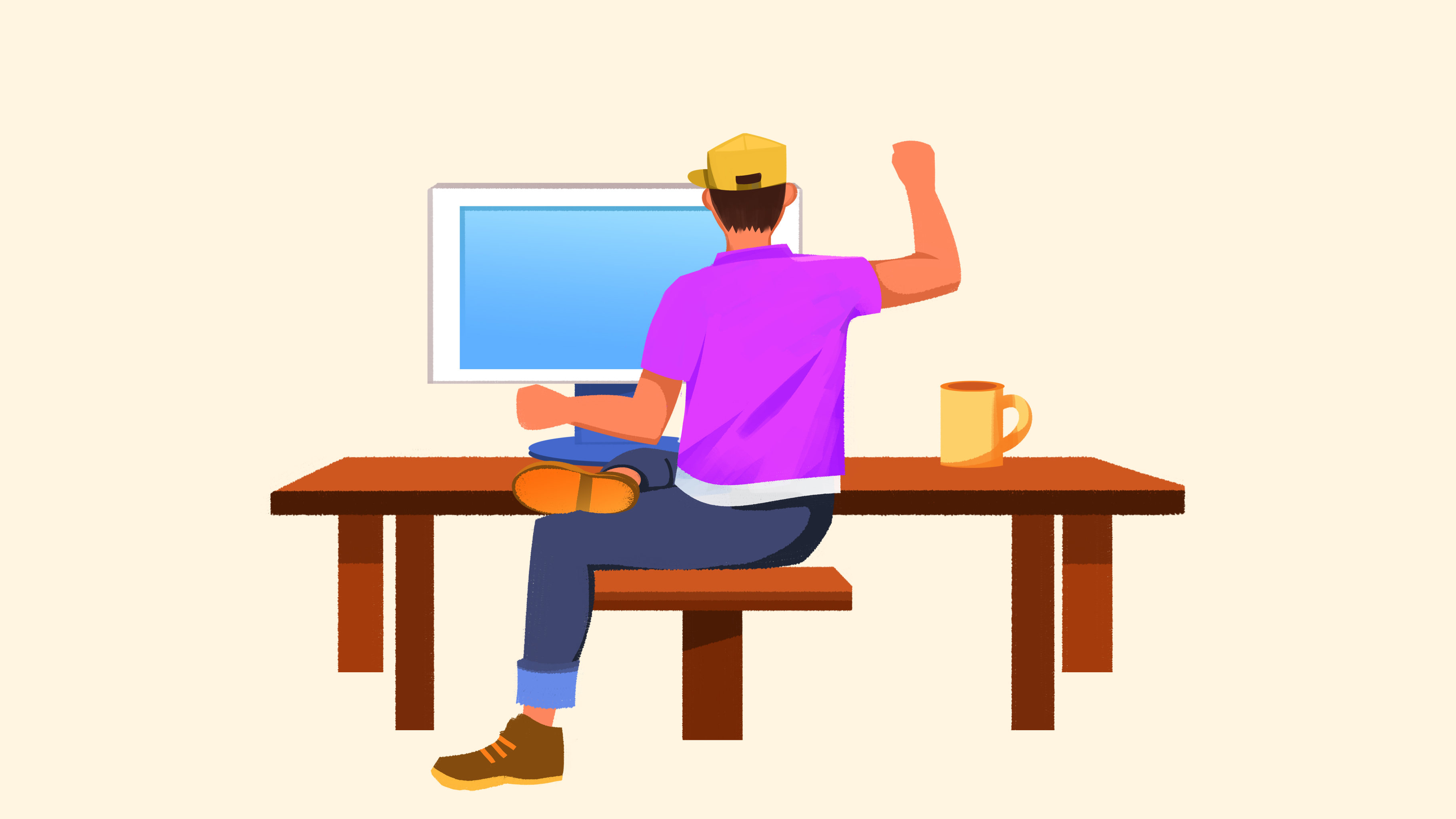 卡通手绘男子坐在电脑前背影插画
