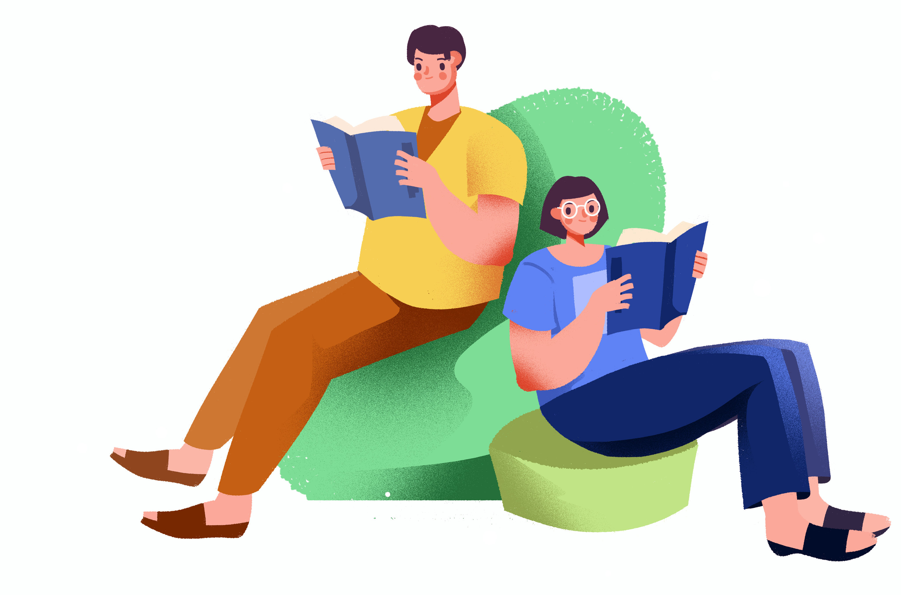 卡通手绘男女青年阅读书籍唯美插画