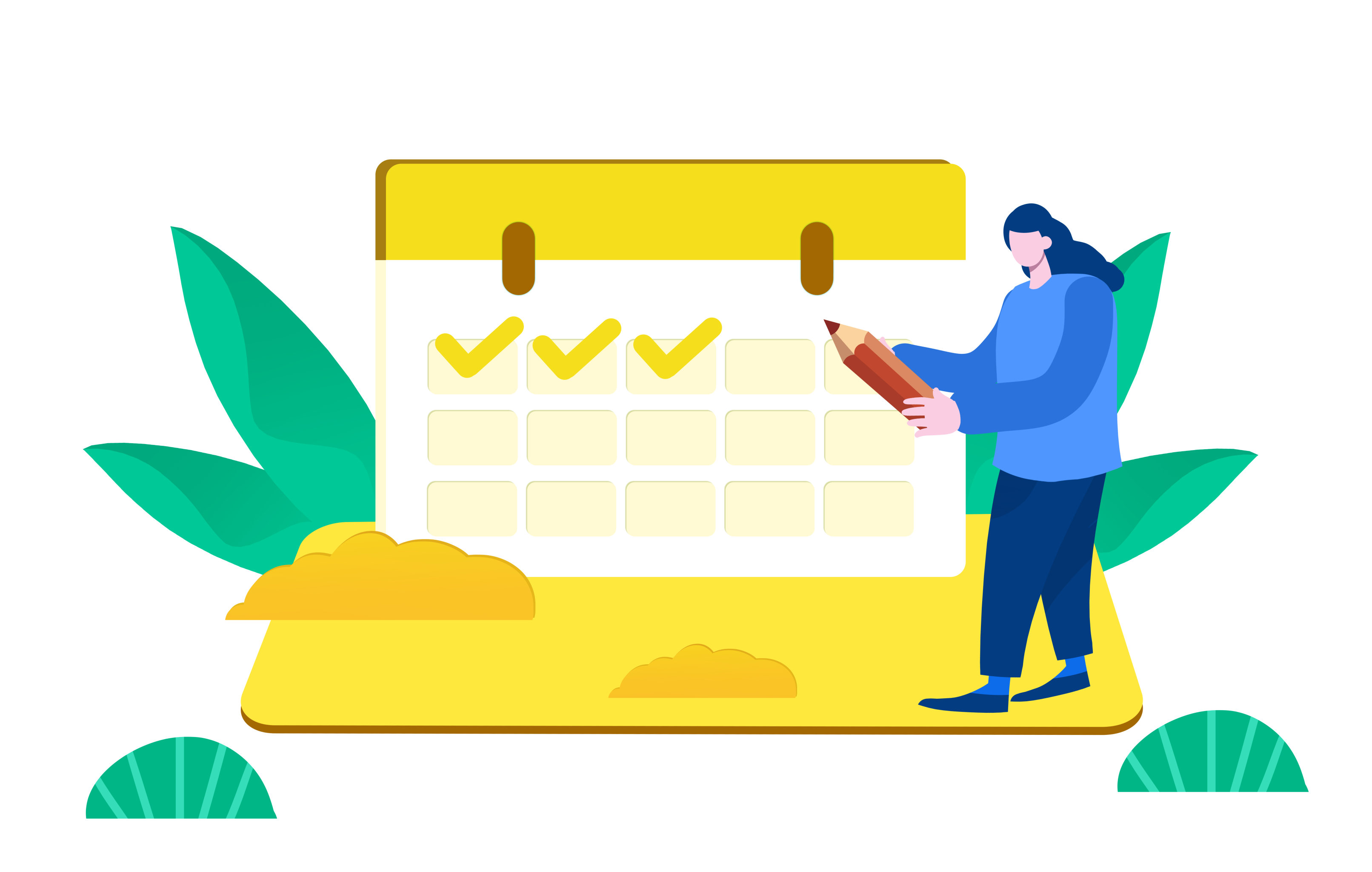 卡通手绘人物拿笔打卡记录插画