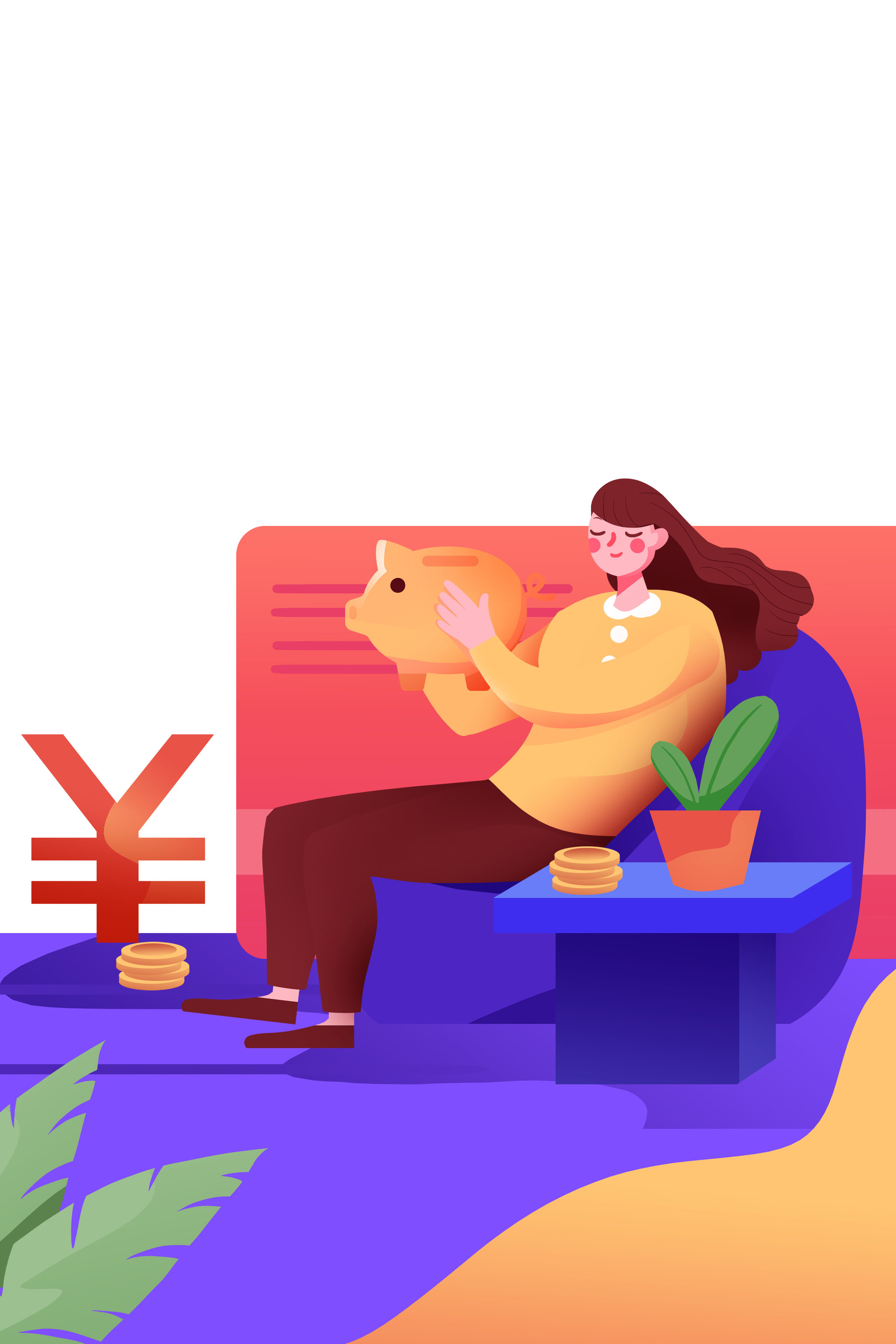 卡通手绘金融扁平插画女人储蓄存钱猪插画