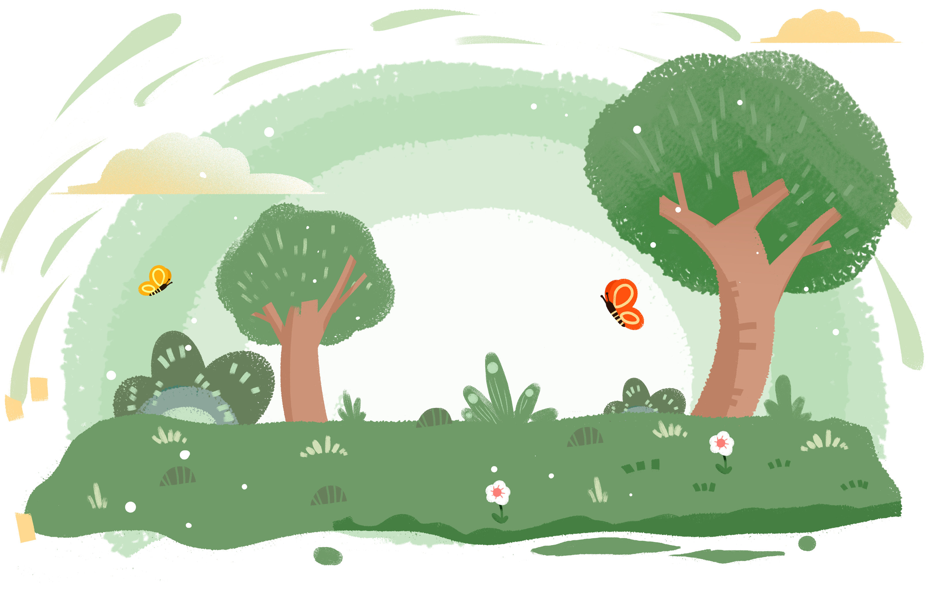 卡通手绘绿色野外山坡场景插画