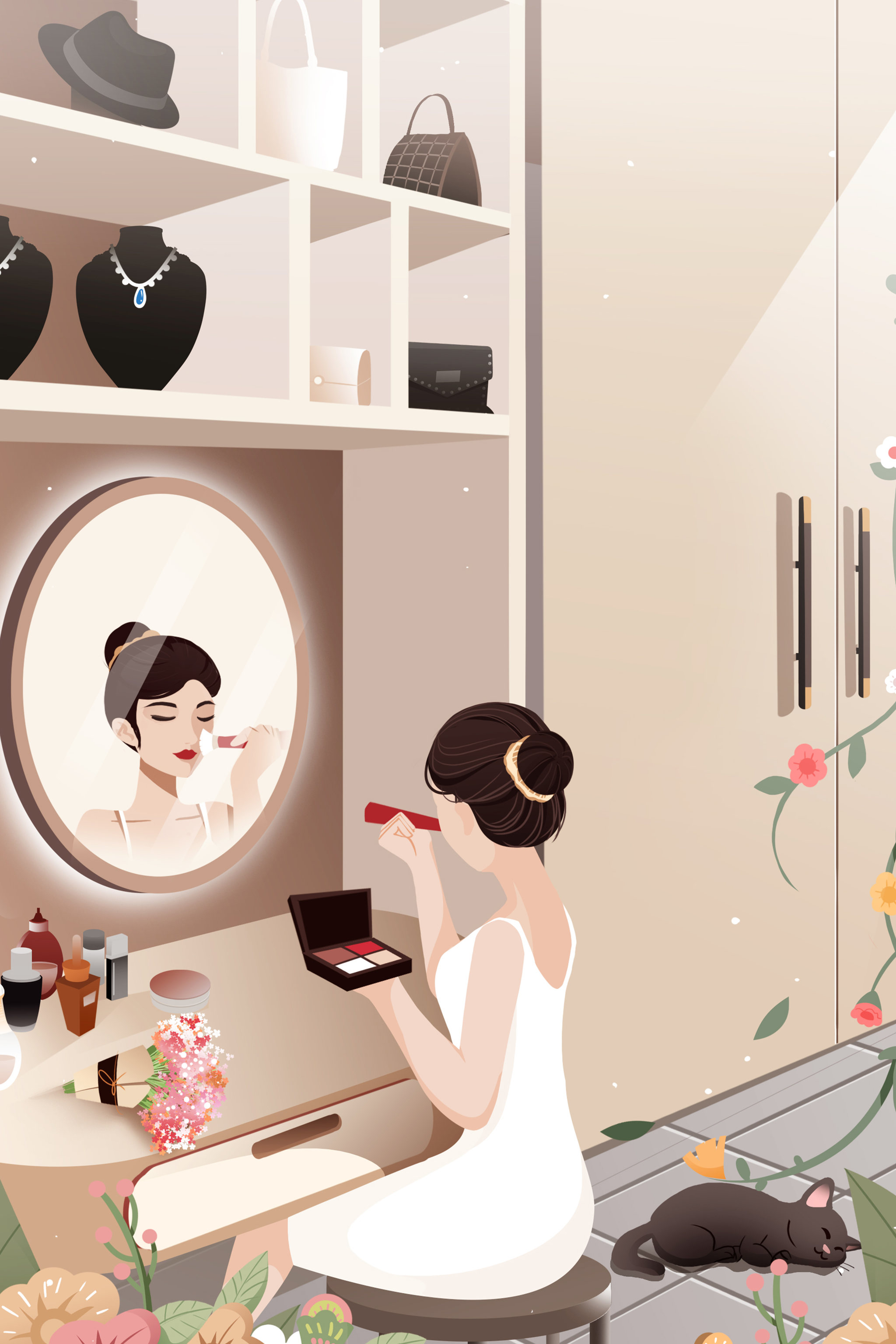 卡通手绘室内美女化妆闪屏插画
