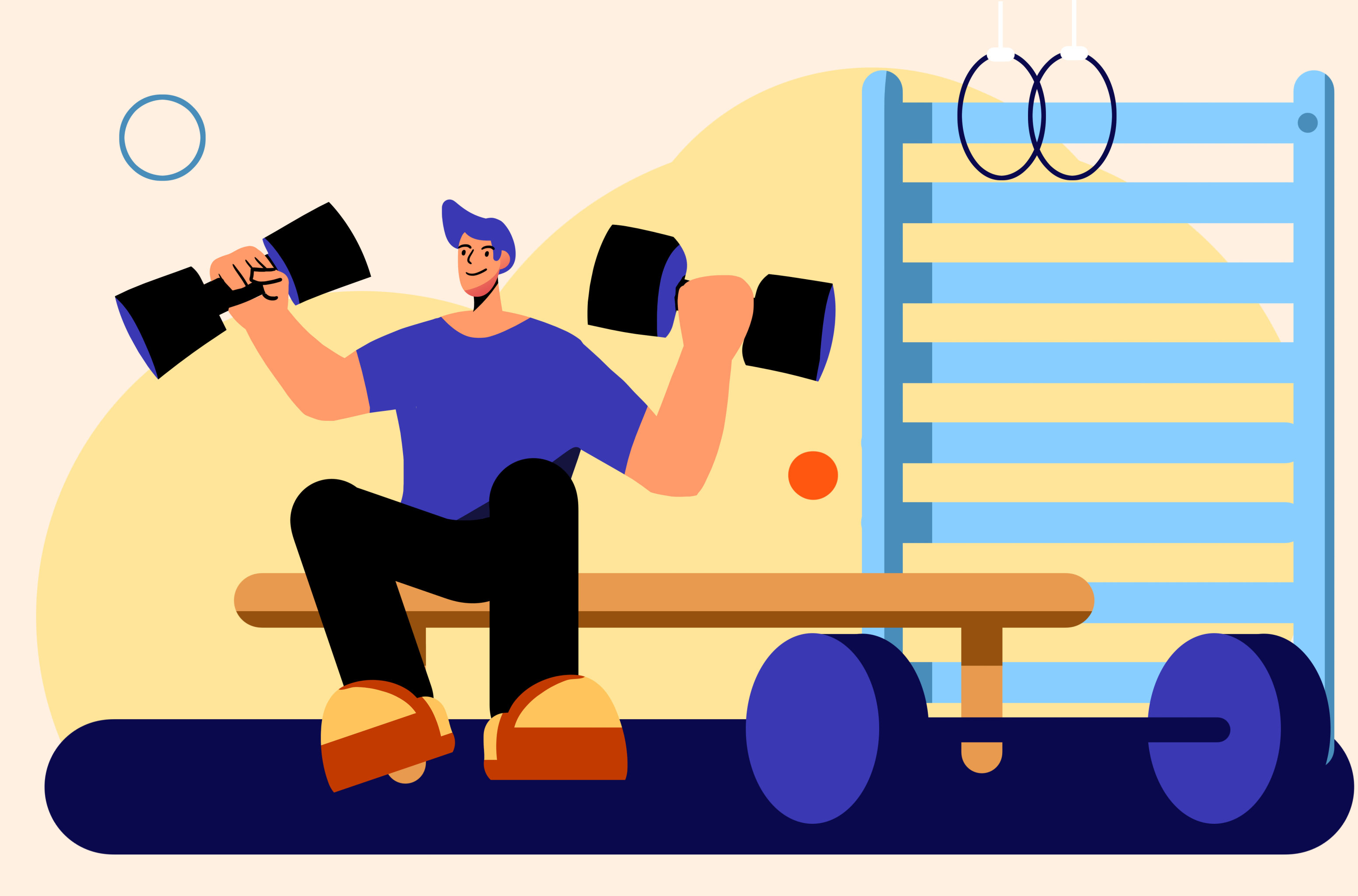 卡通手绘男子健身房健身锻炼插画