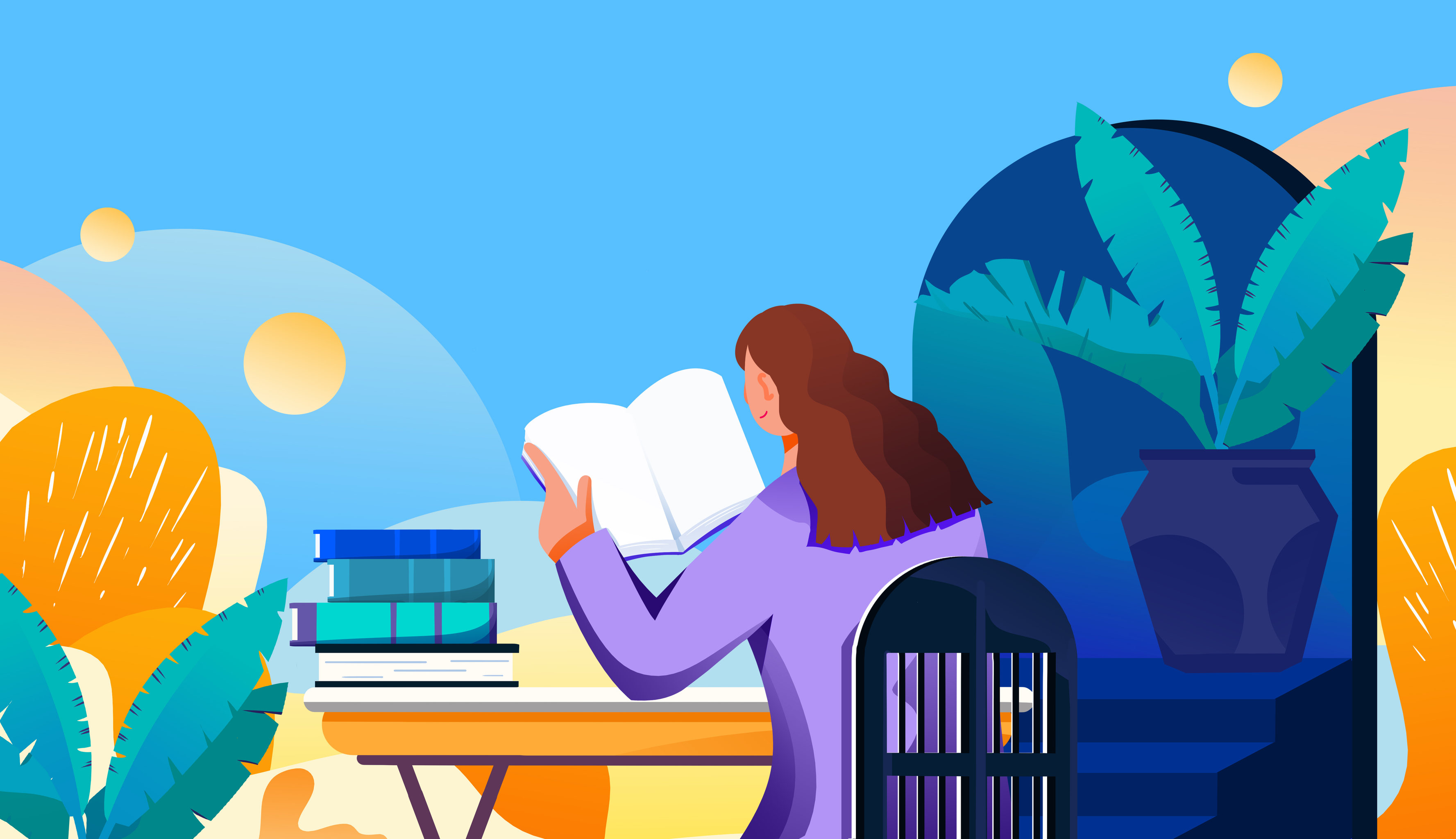 卡通手绘女生坐在椅子上读书复习插画