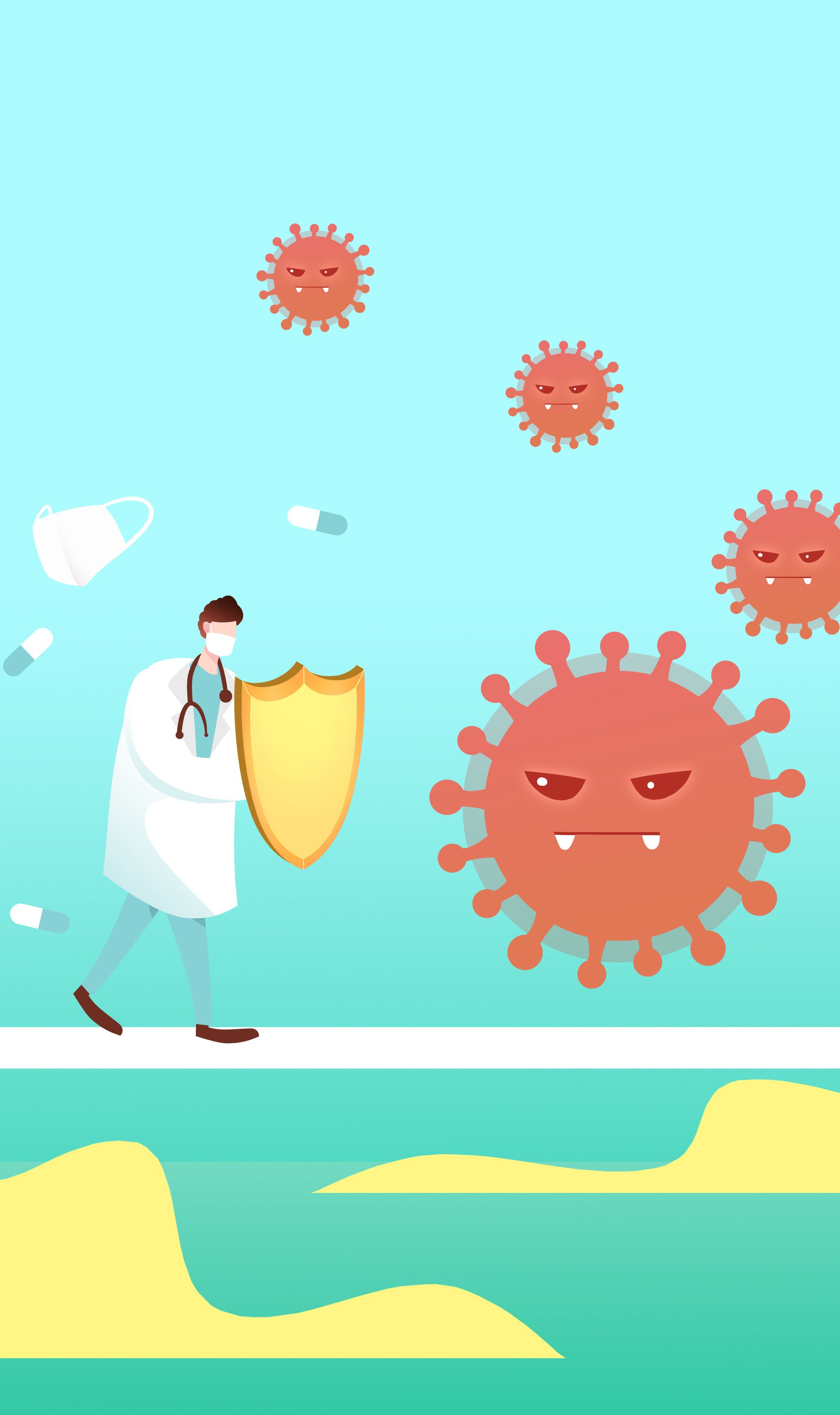 戴口罩医生拿盾牌抵抗病毒插画 - 迈克尔铁柱 - 原创作品 - 视觉中国(