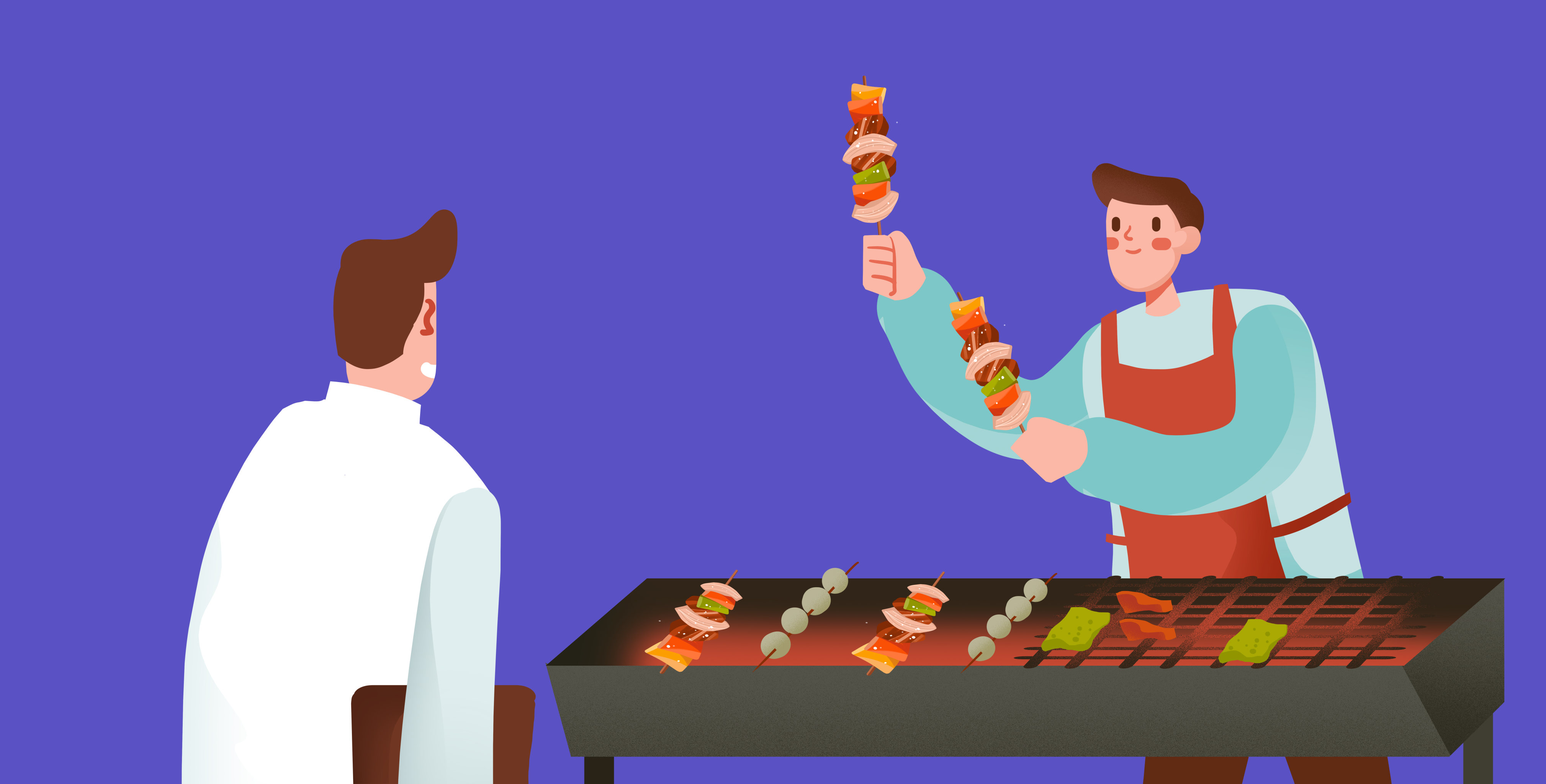 卡通手绘吃烧烤街边摊美食闪屏海报插画