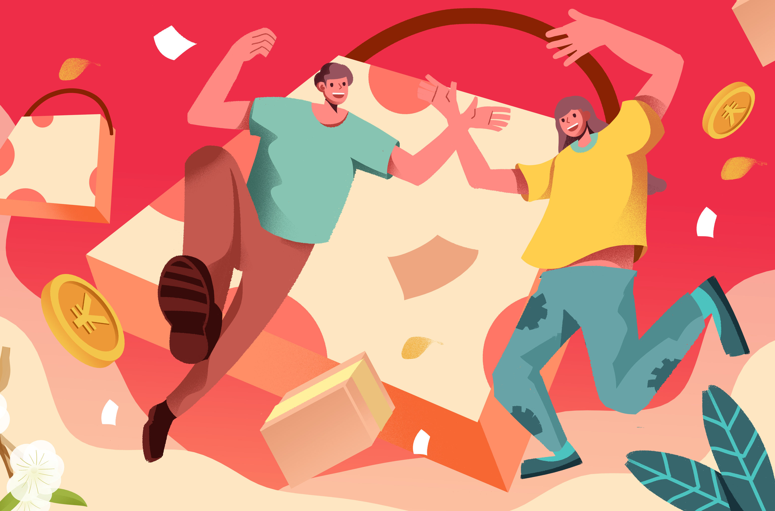 卡通手绘男女欢呼跳跃购物插画