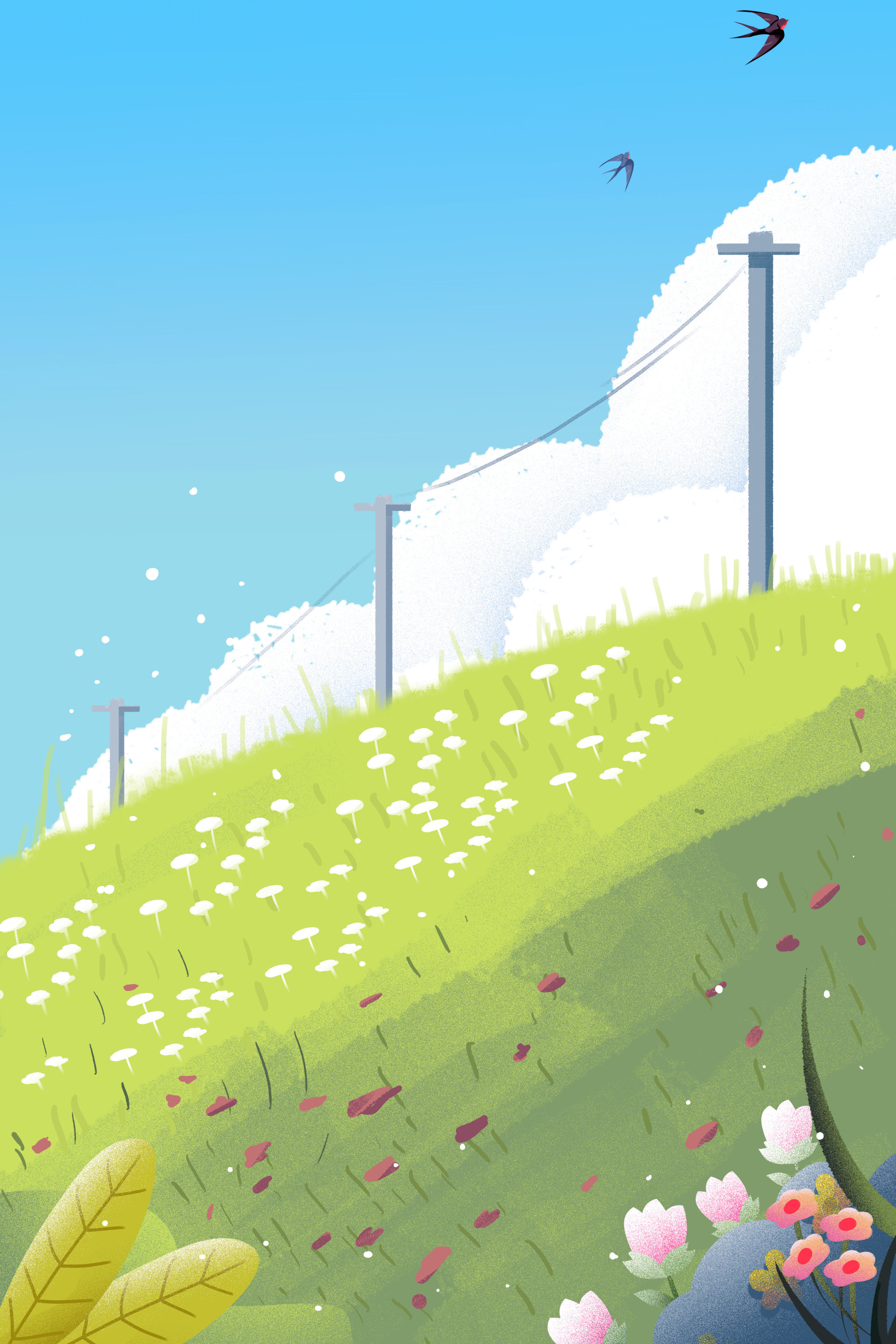 卡通手绘春天男孩躺在绿色草地斜坡场景插画