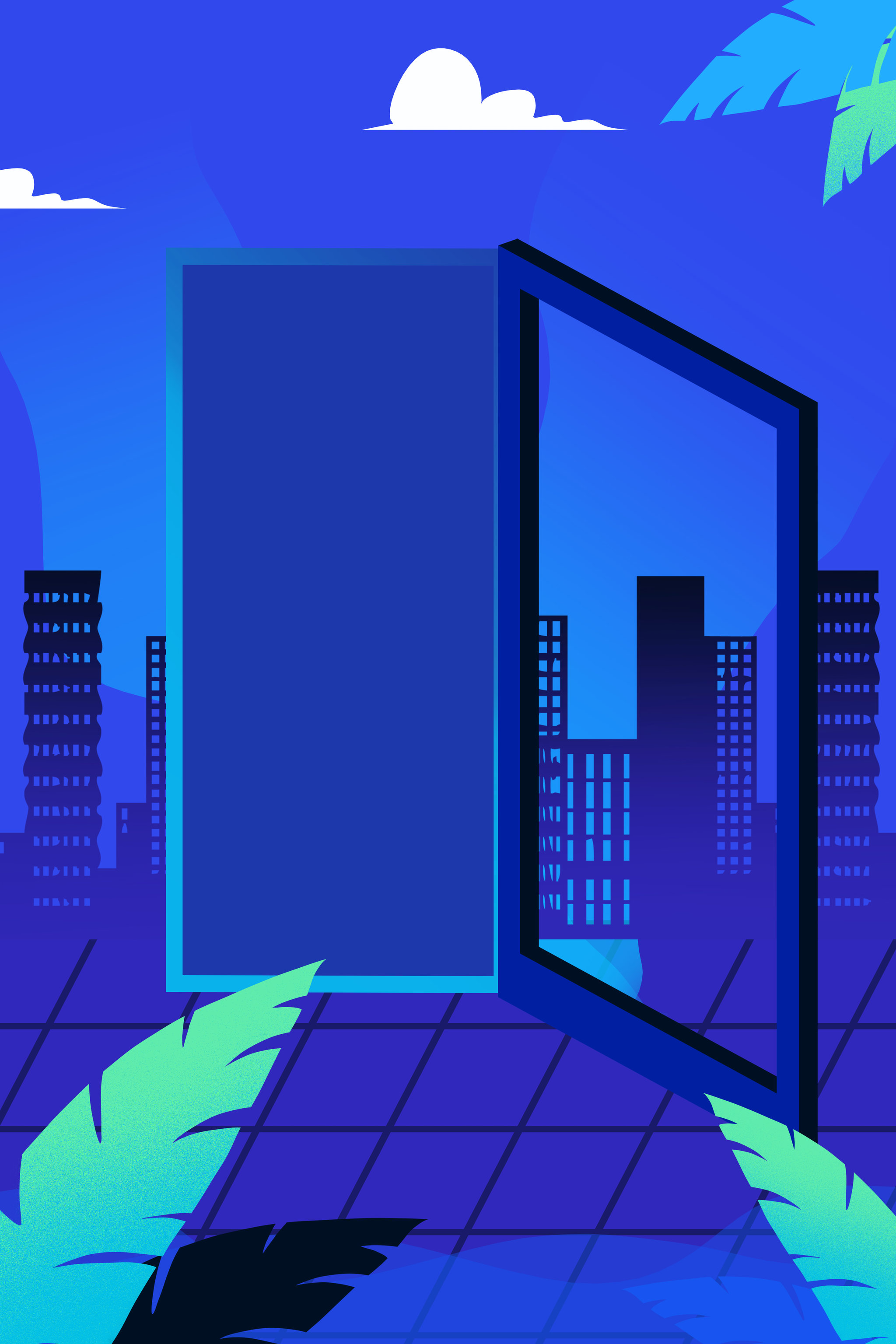 卡通手绘城市医疗蓝色建筑背景闪屏插画