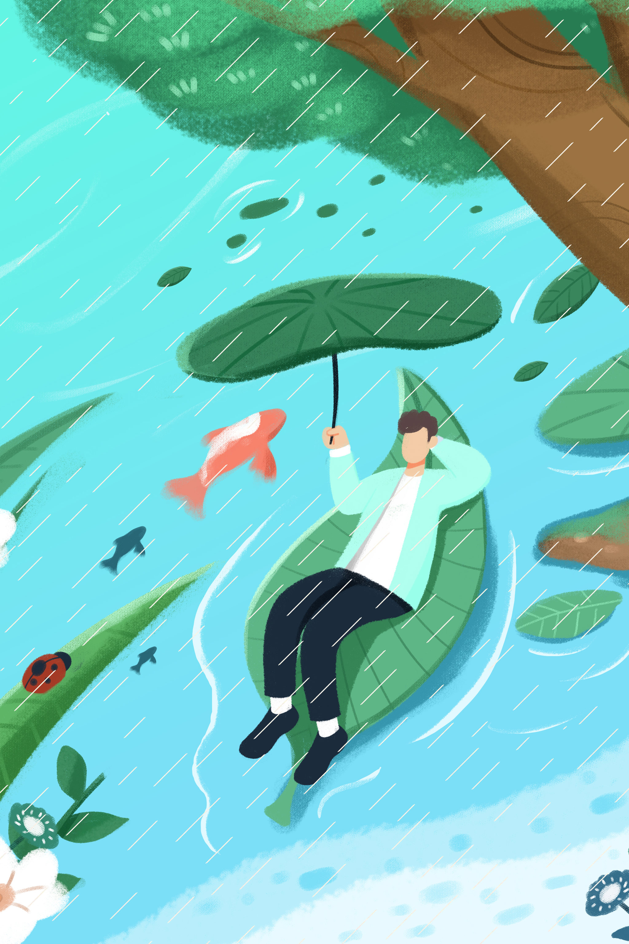 卡通手绘谷雨节气小雨插画