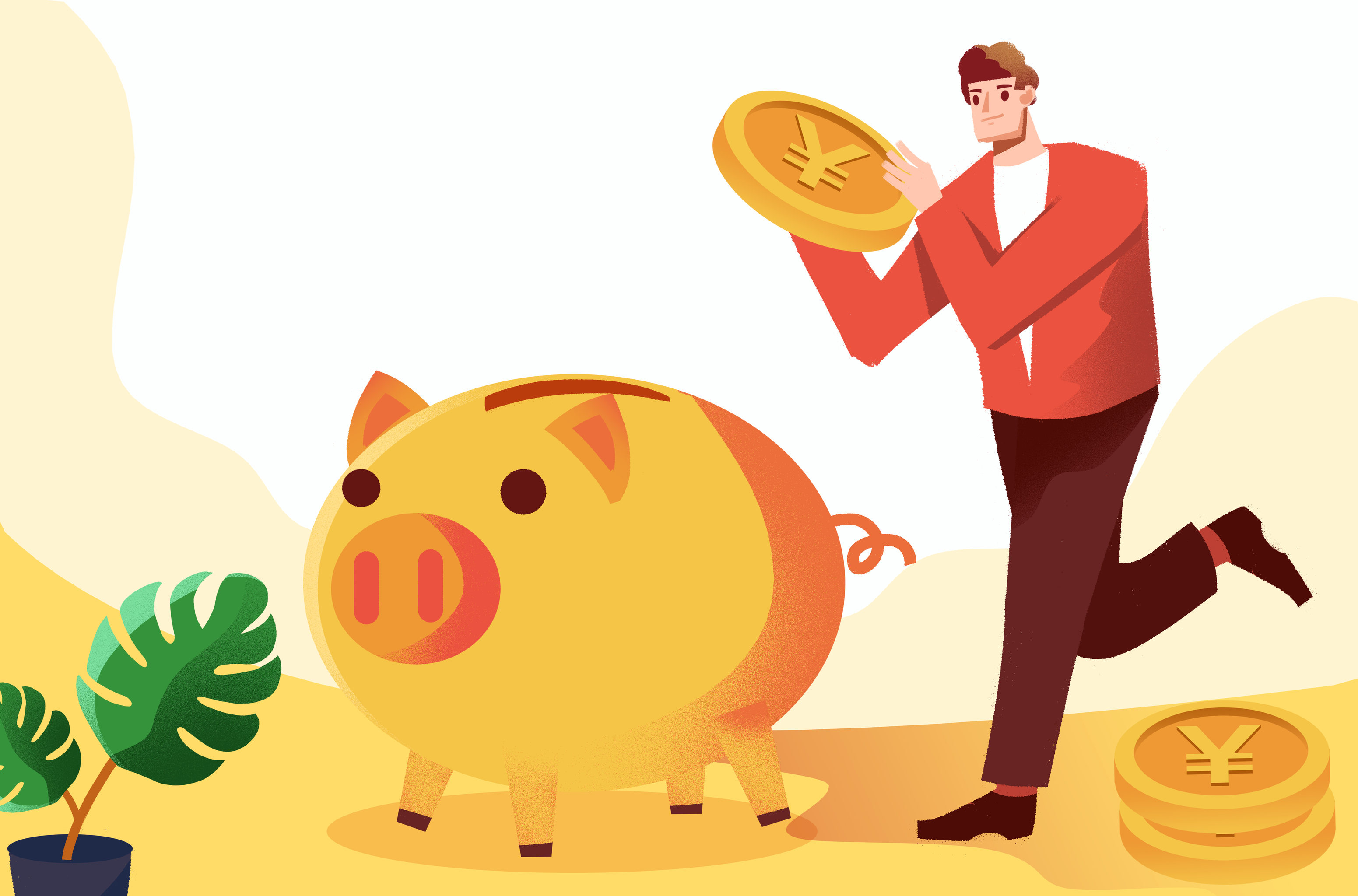 卡通手绘男子手拿金币奔跑投金猪插画