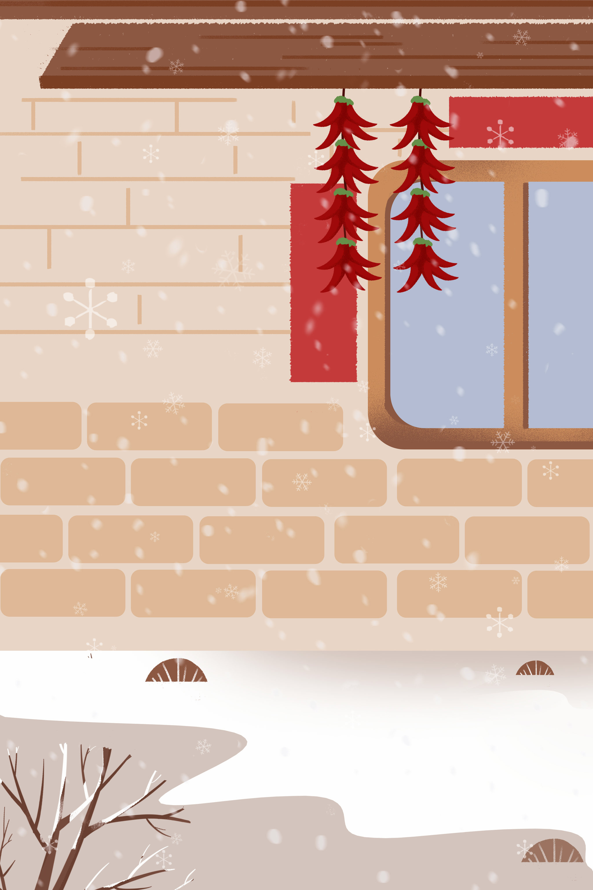 卡通手绘北方房屋背景辣椒串闪屏海报插画