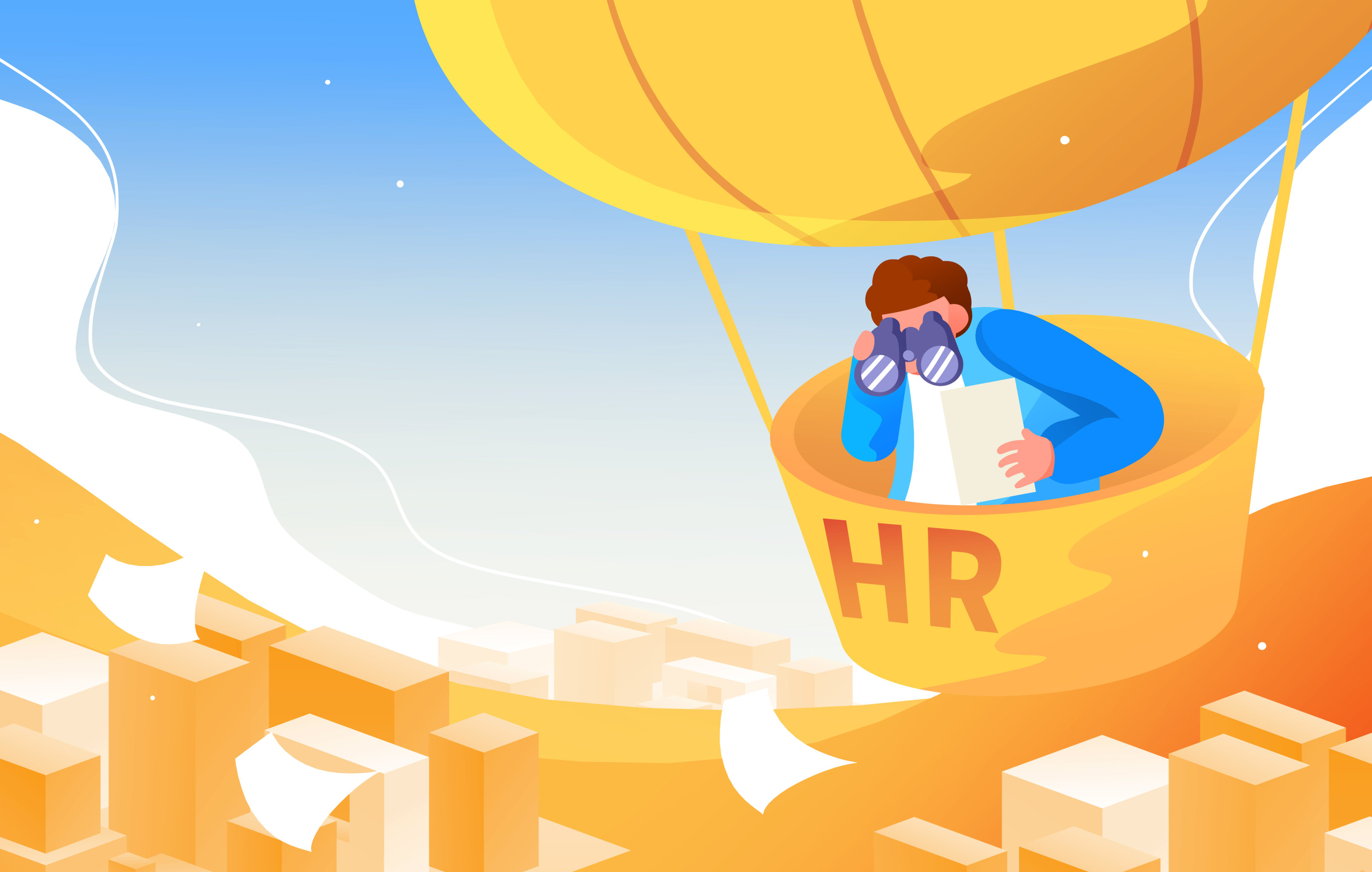 卡通手绘hr坐热气球寻找人才招聘插画