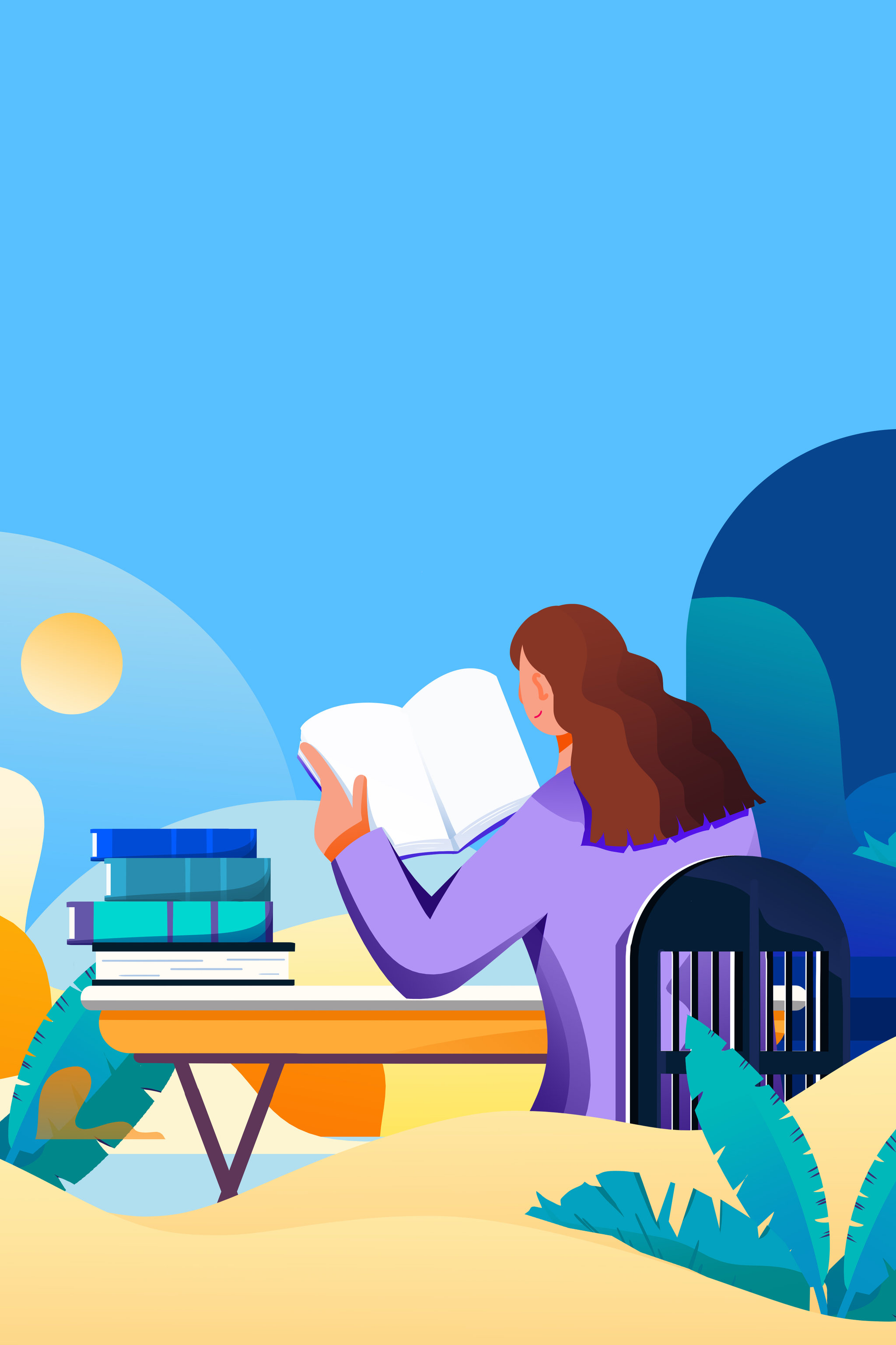 卡通手绘女生坐在椅子上读书复习插画