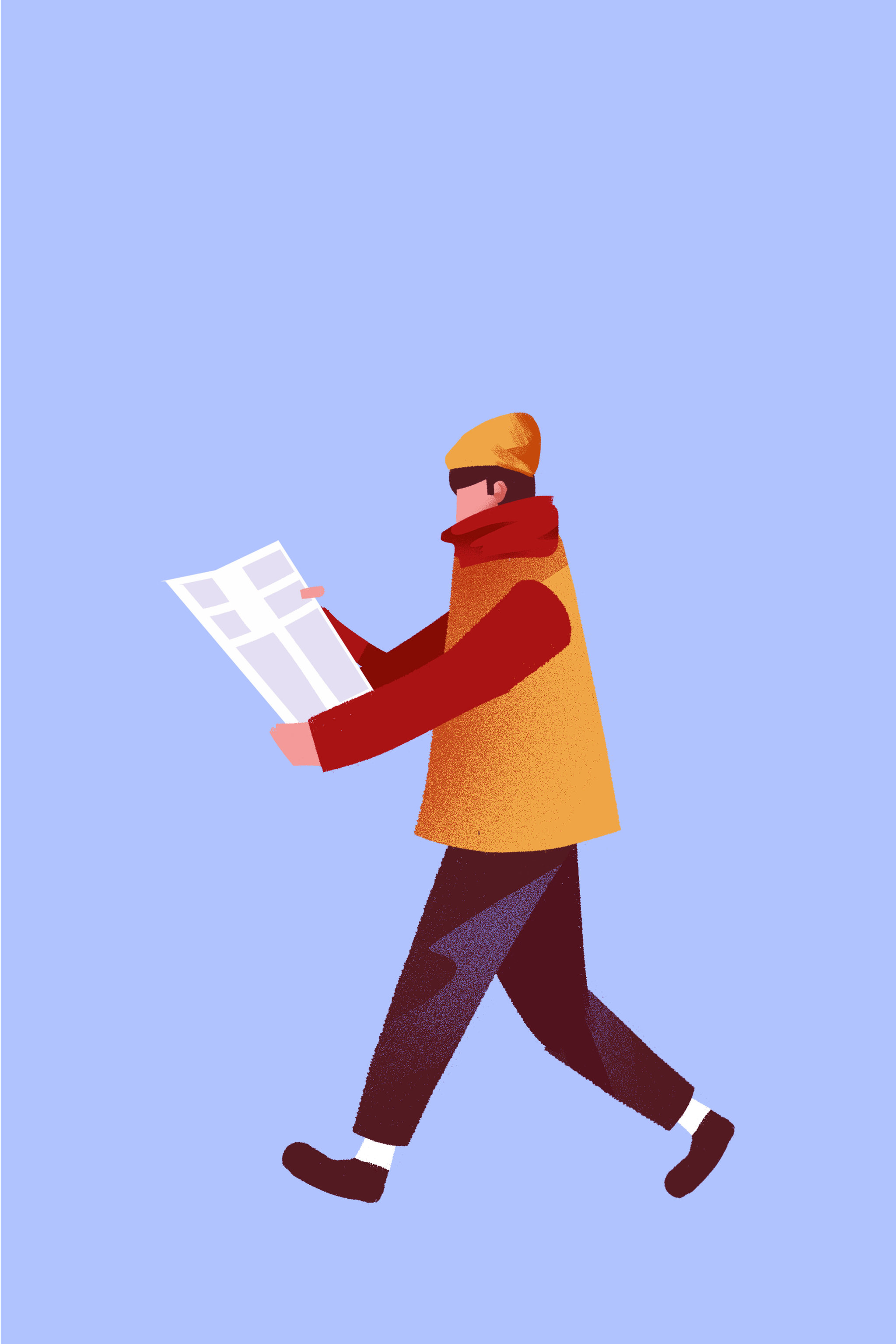 卡通手绘二十四节气立冬男孩雪景街道散步插画