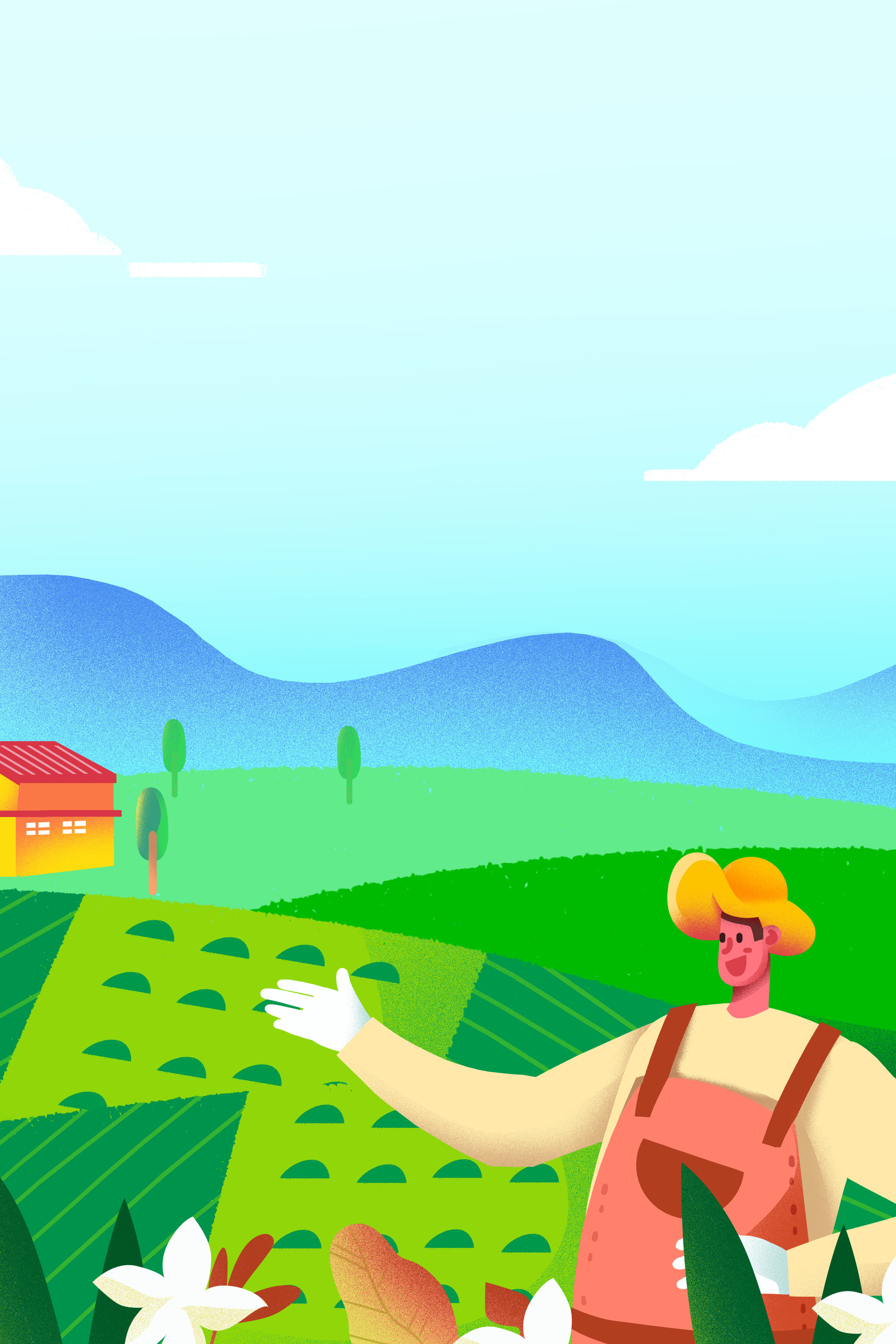 卡通手绘农民展示绿色草原田地插画