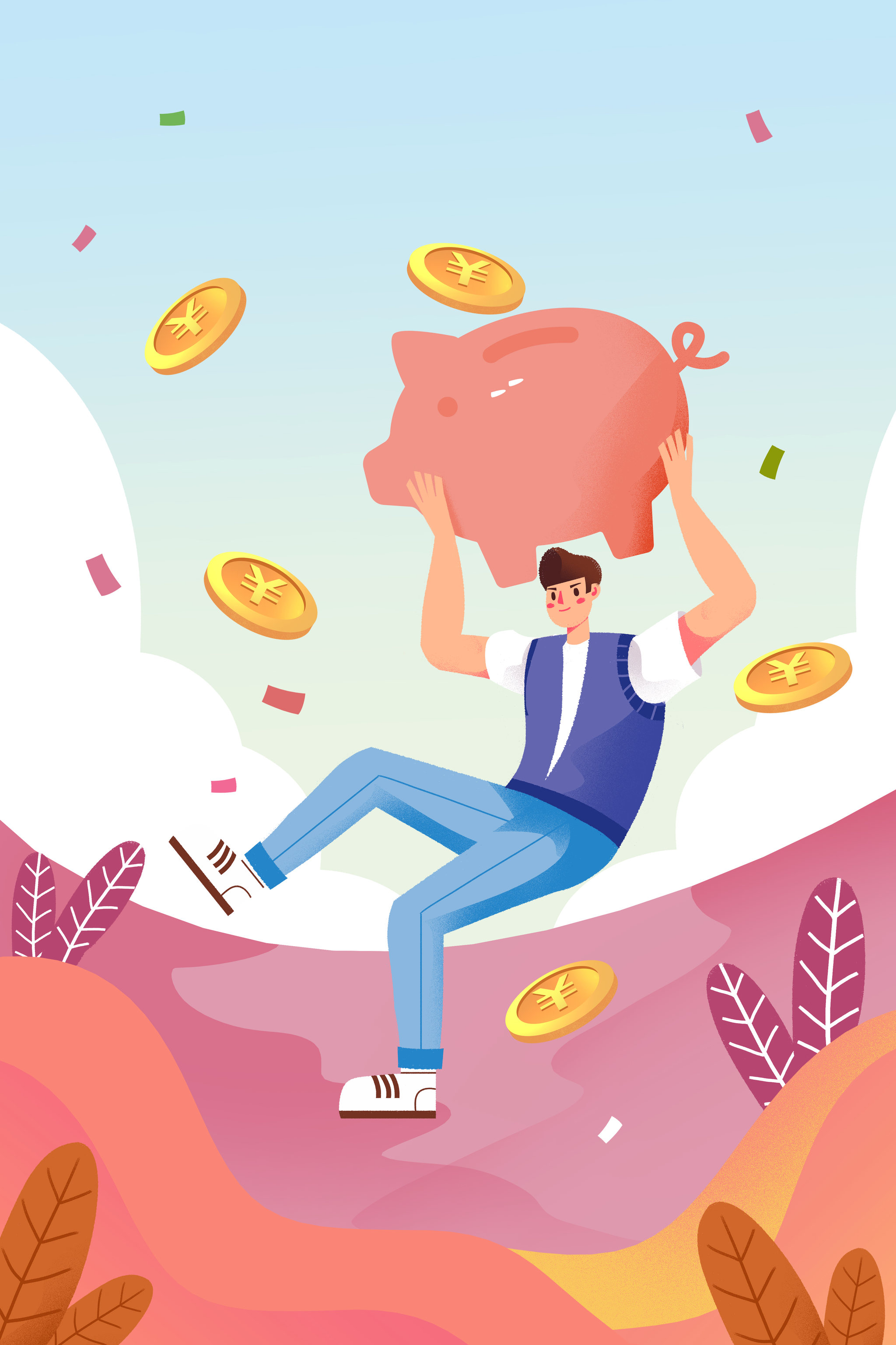 卡通手绘卡通男子手捧储存猪金币收益插画