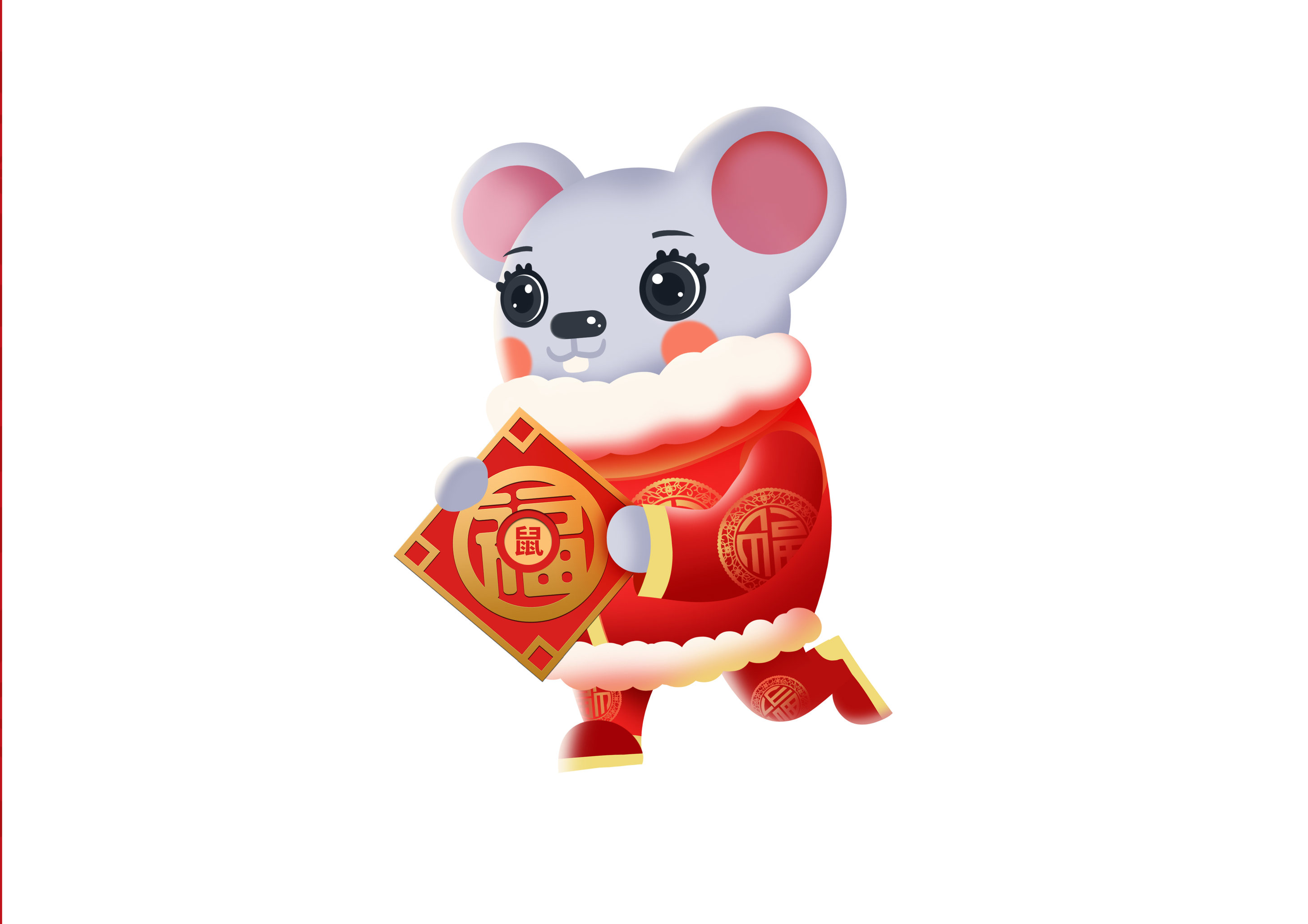 卡通手绘鼠年财神拿春联红色喜庆插画