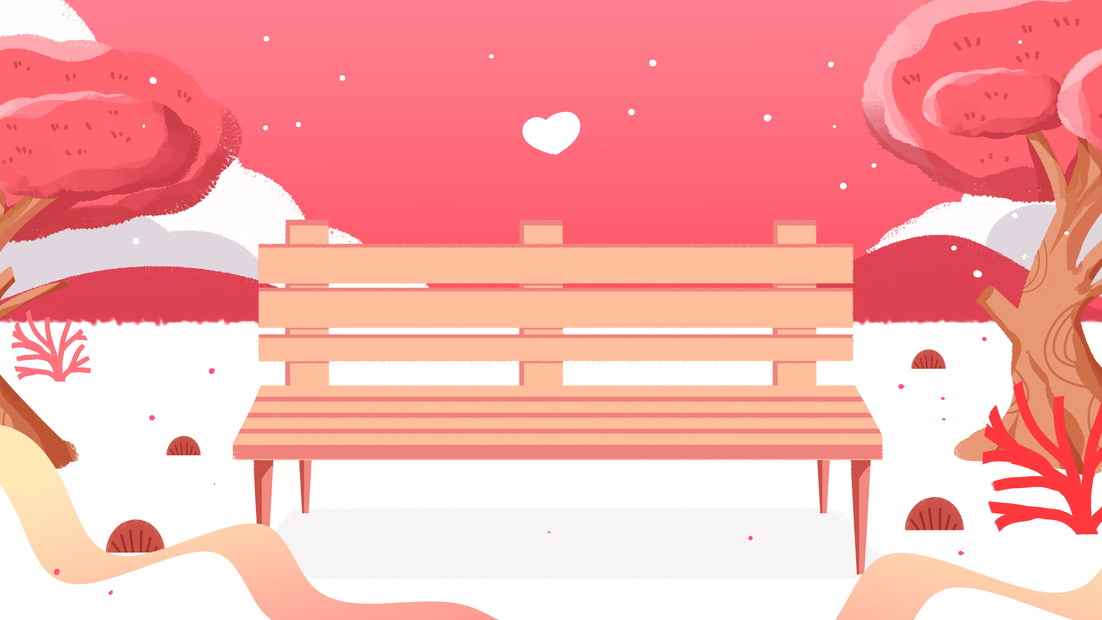 卡通手绘粉色背景公园长凳插画