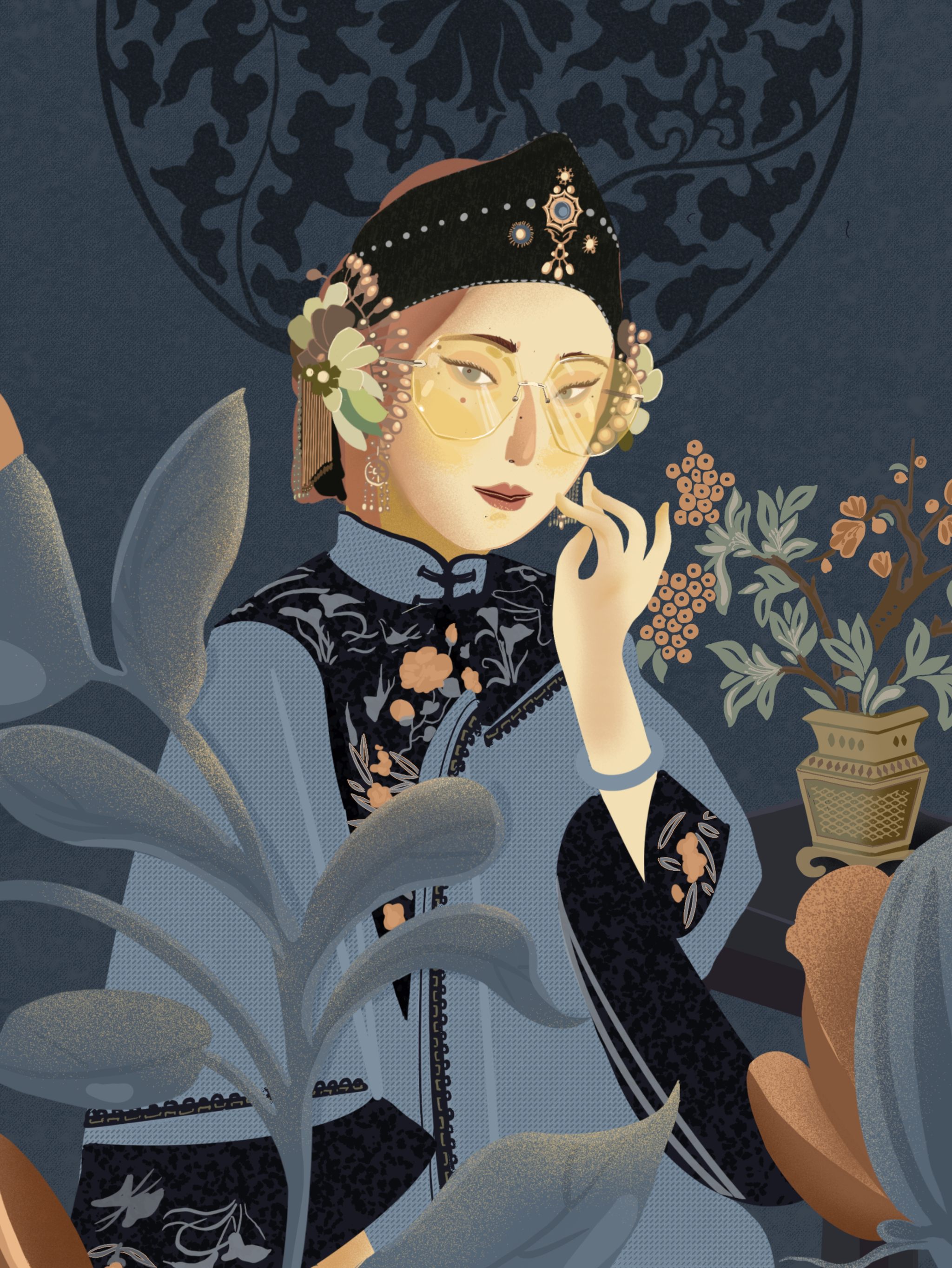 插画国潮复古美人图