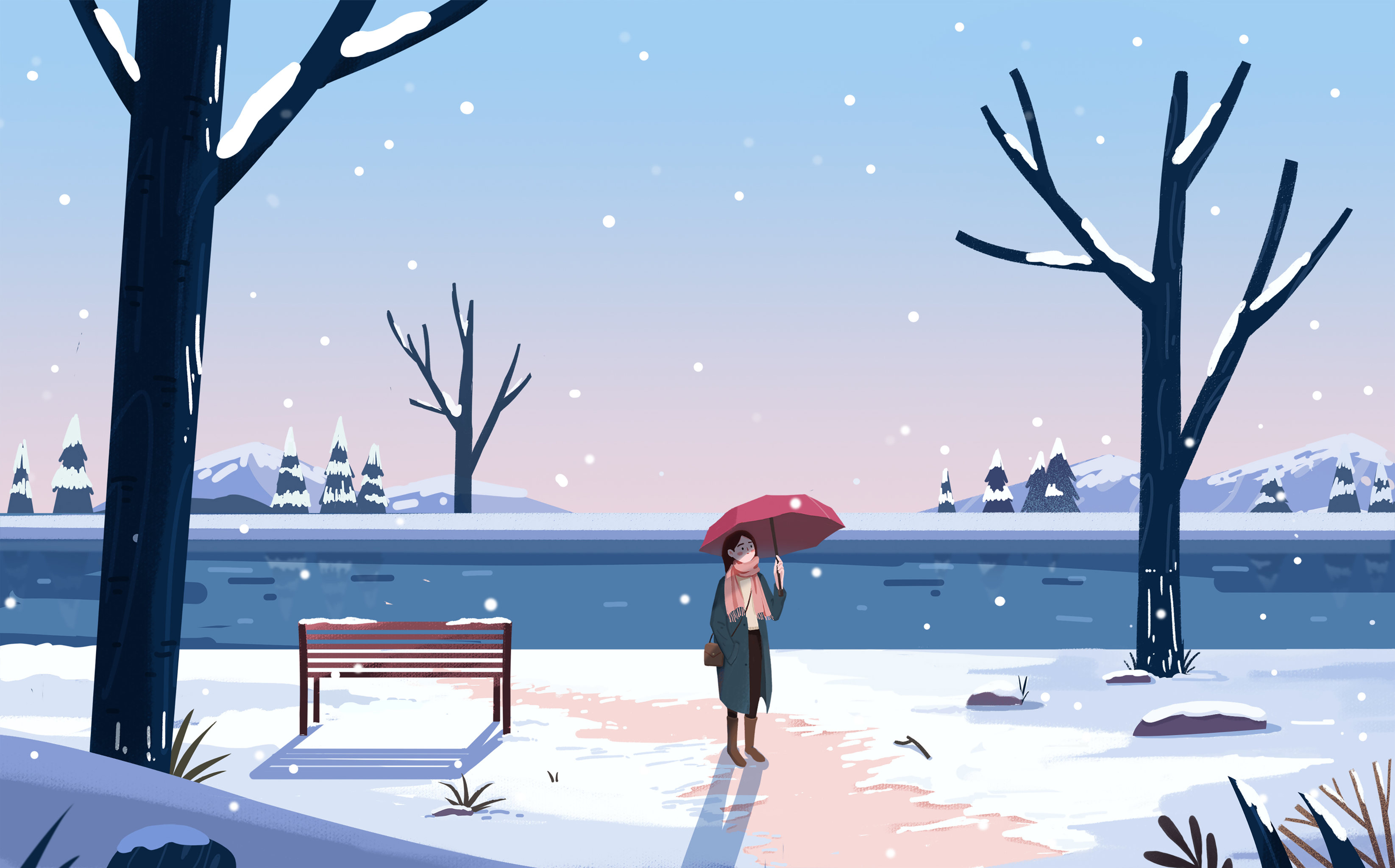 冬天公园看雪景女孩