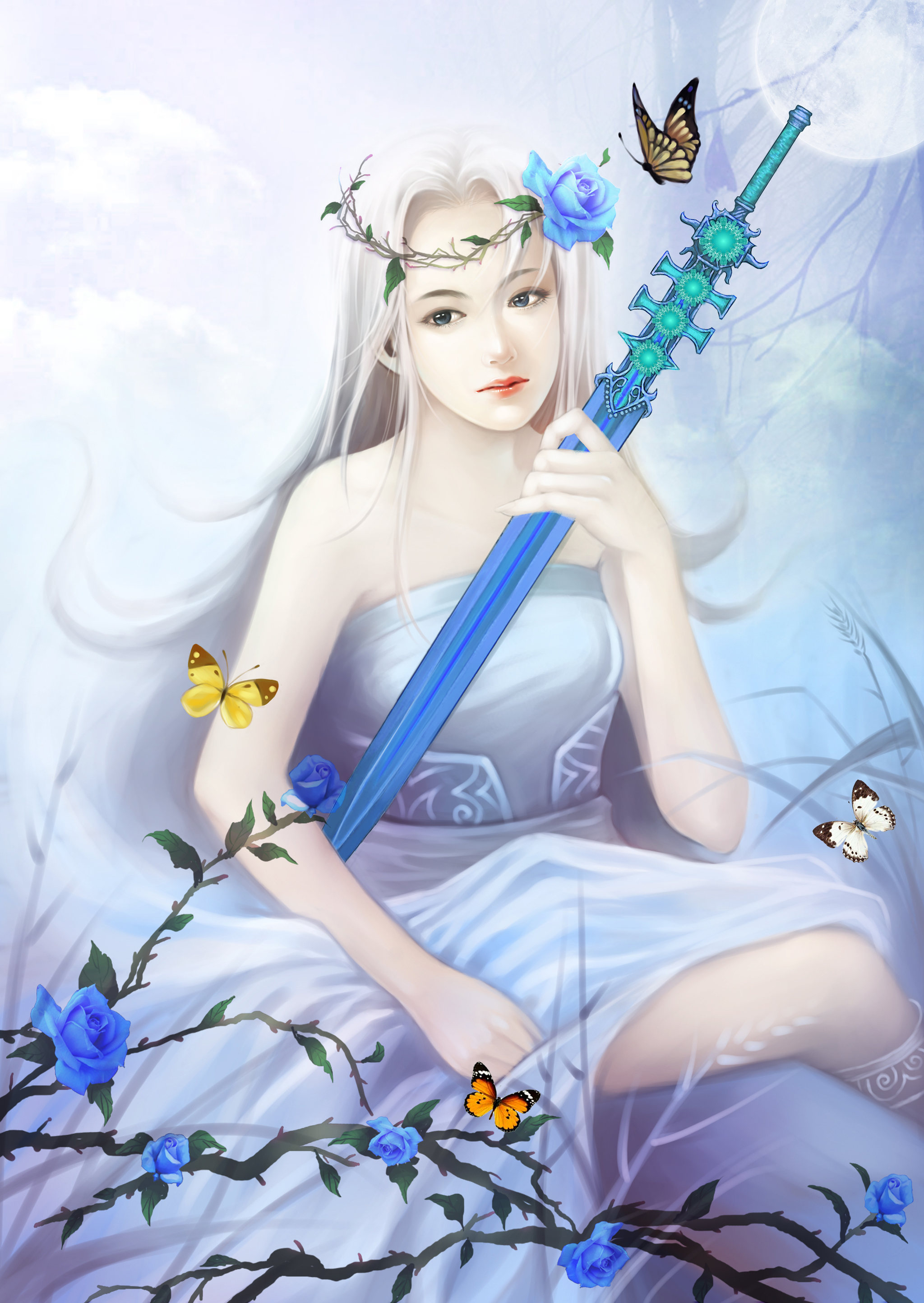 手持蓝色宝剑头戴蓝色玫瑰花环的古装少女
