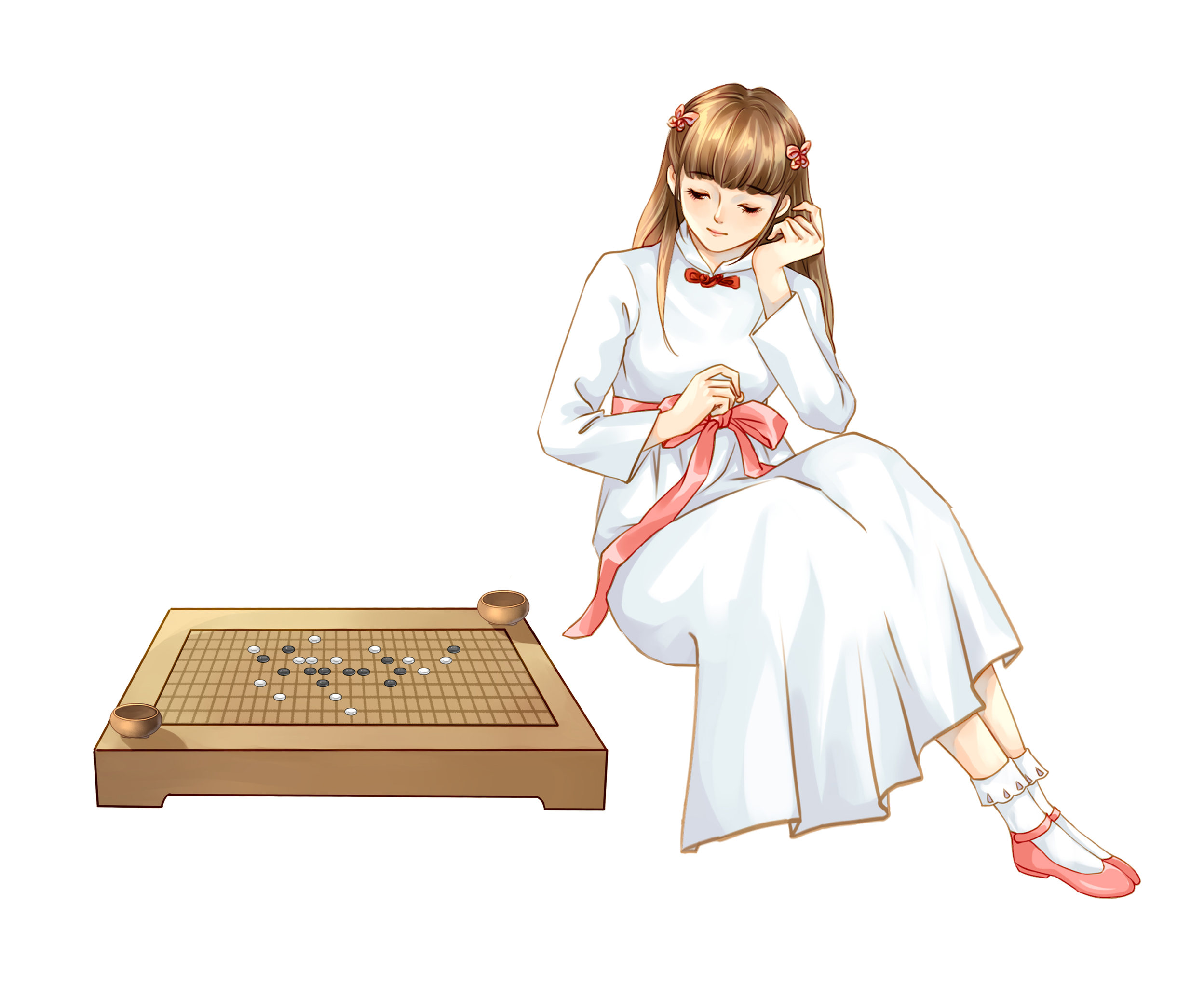下围棋的白衣少女