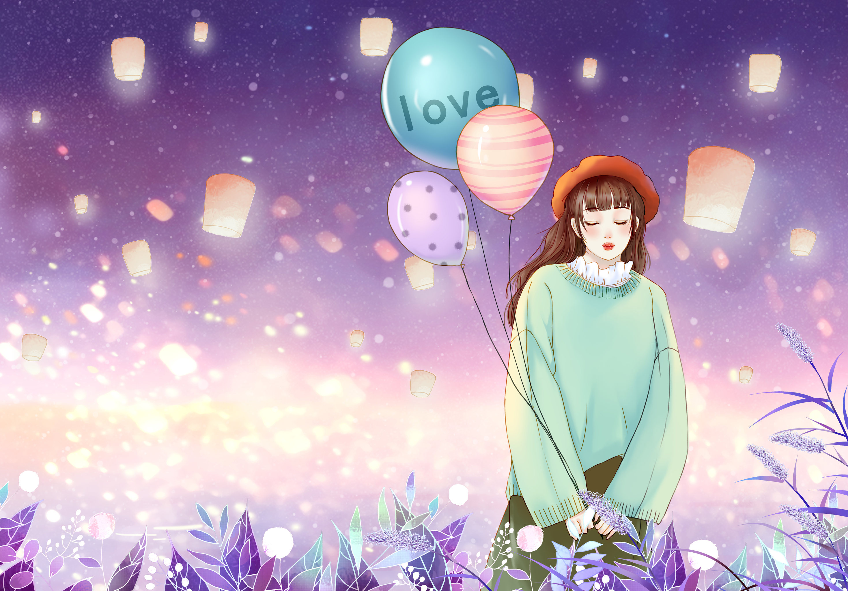 在夜空华灯下手拿气球的少女