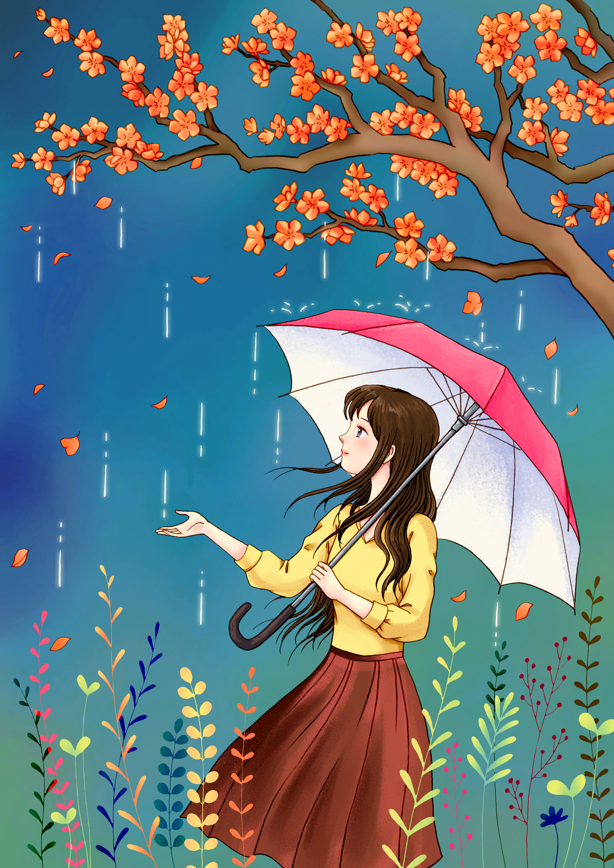 在深林天空下撑红伞的黄衣少女