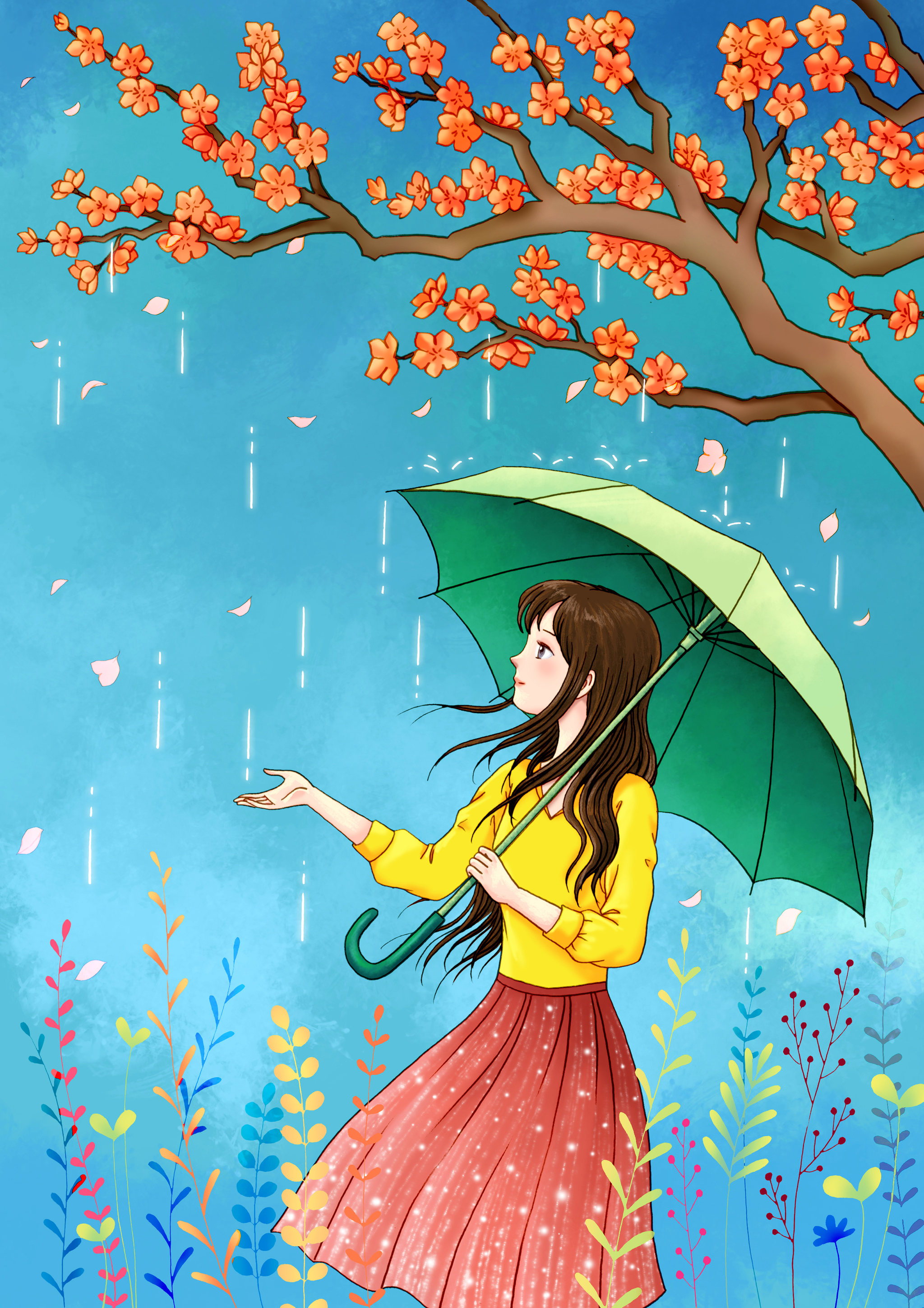 在蓝色天空下撑伞的黄衣少女