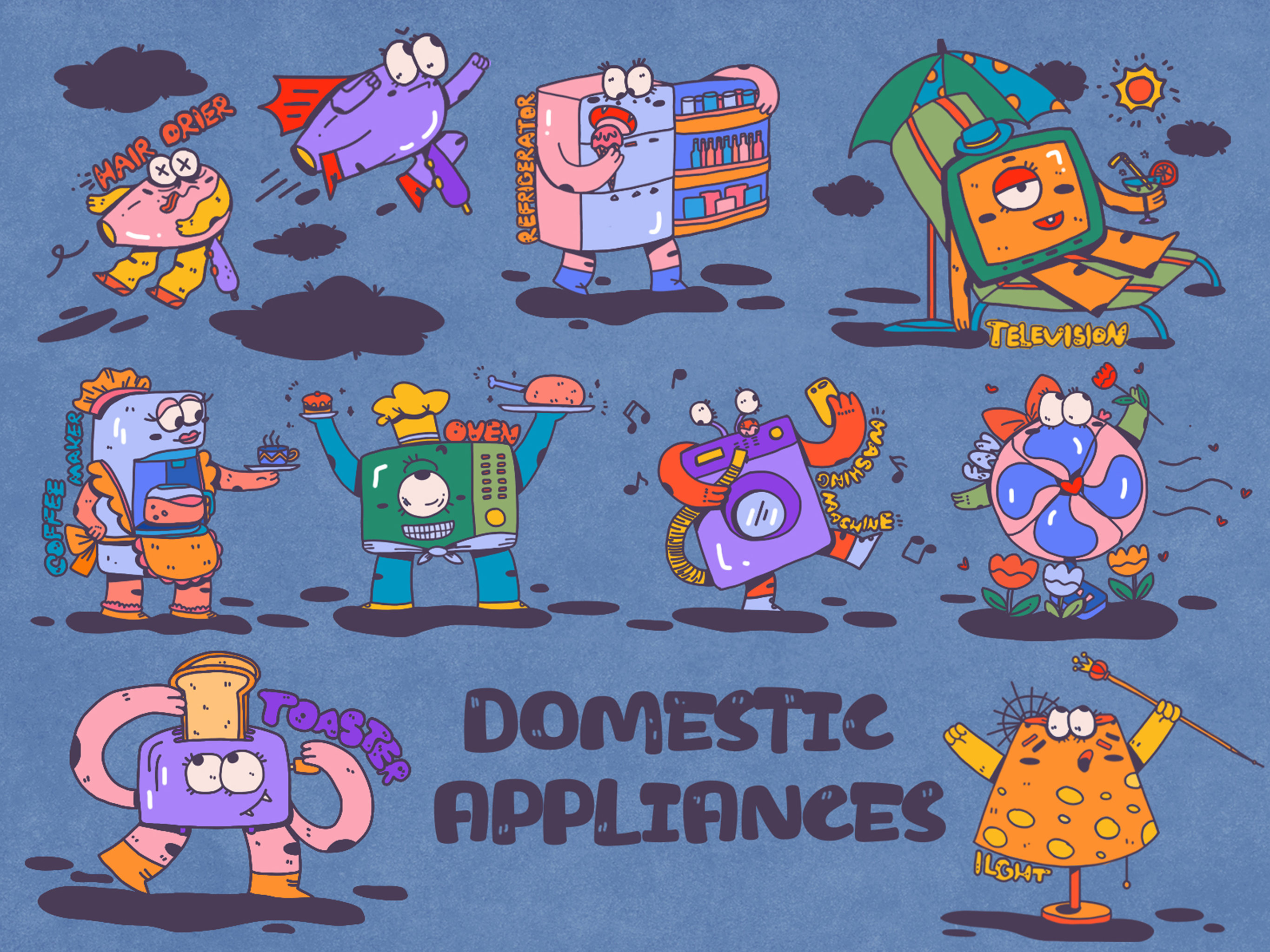 扁平手绘拟人电器贴纸