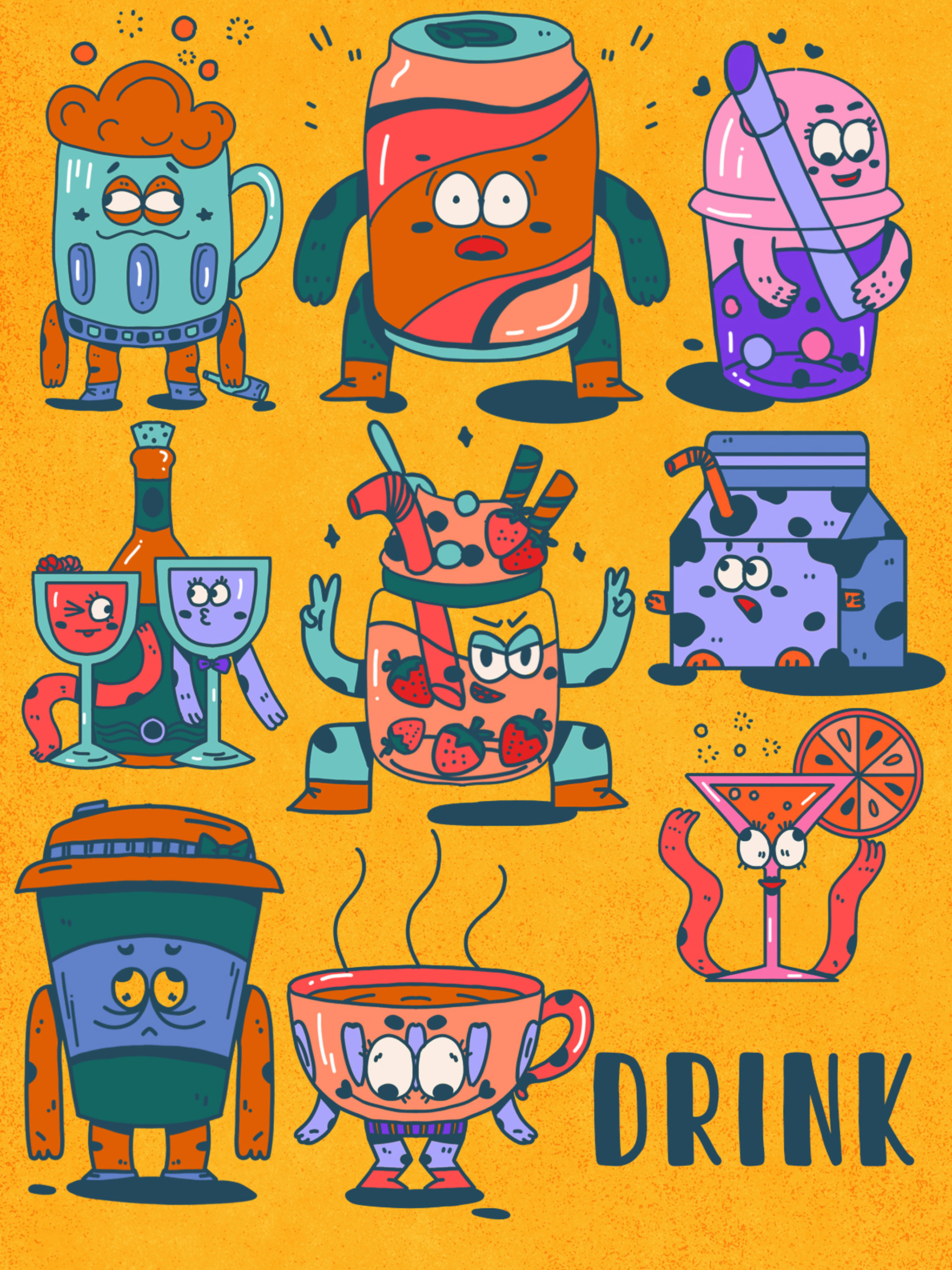 扁平手绘拟人饮品贴纸