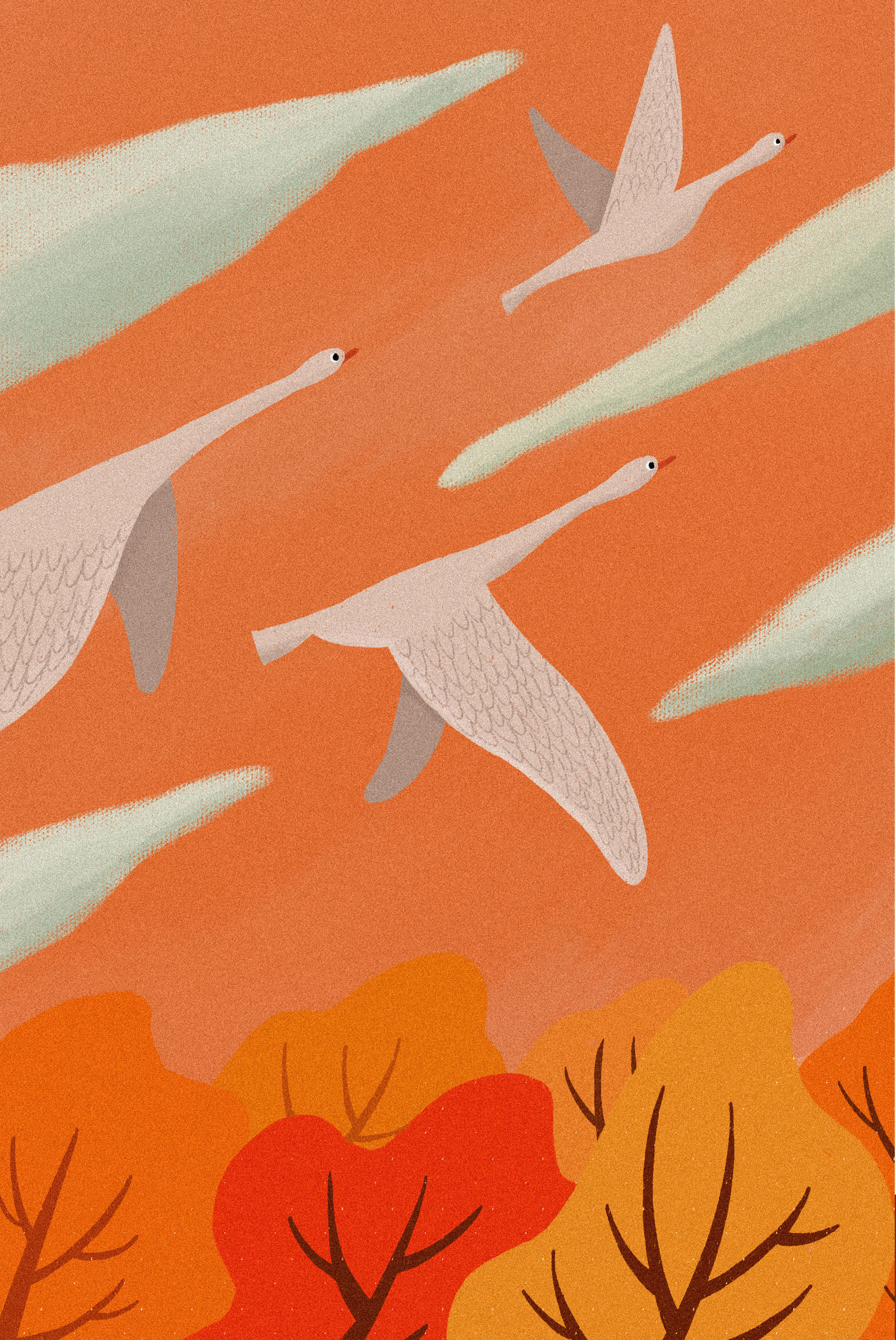 秋天秋季候鸟大雁南飞红叶小清新温暖系插画