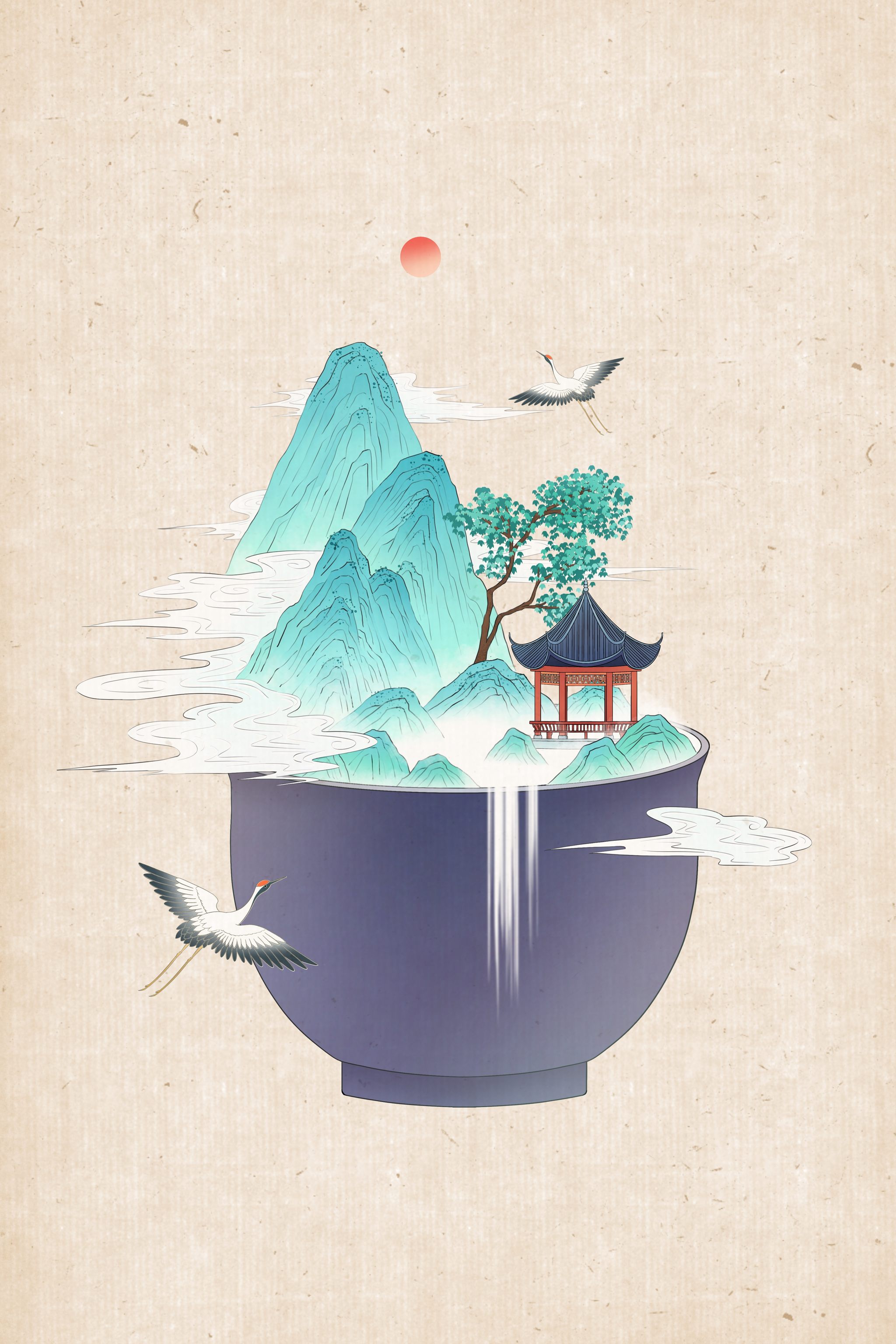 微景观国风高山插画