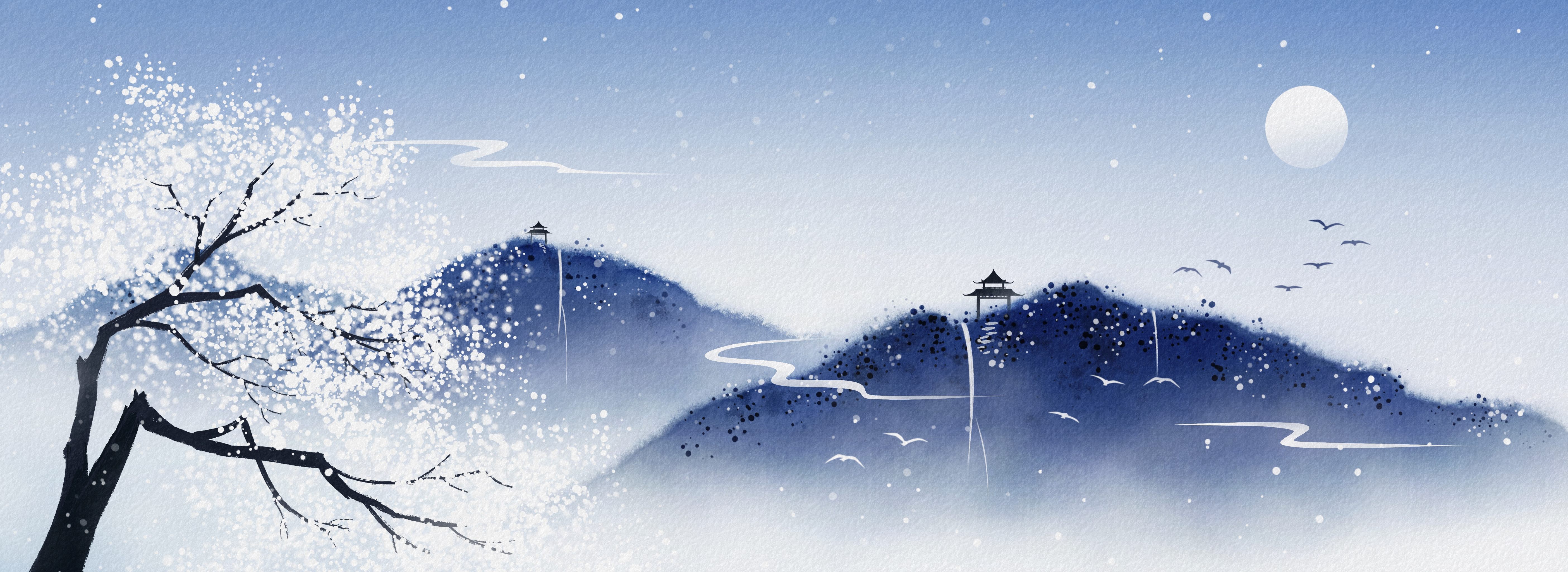 水彩山水月夜插画