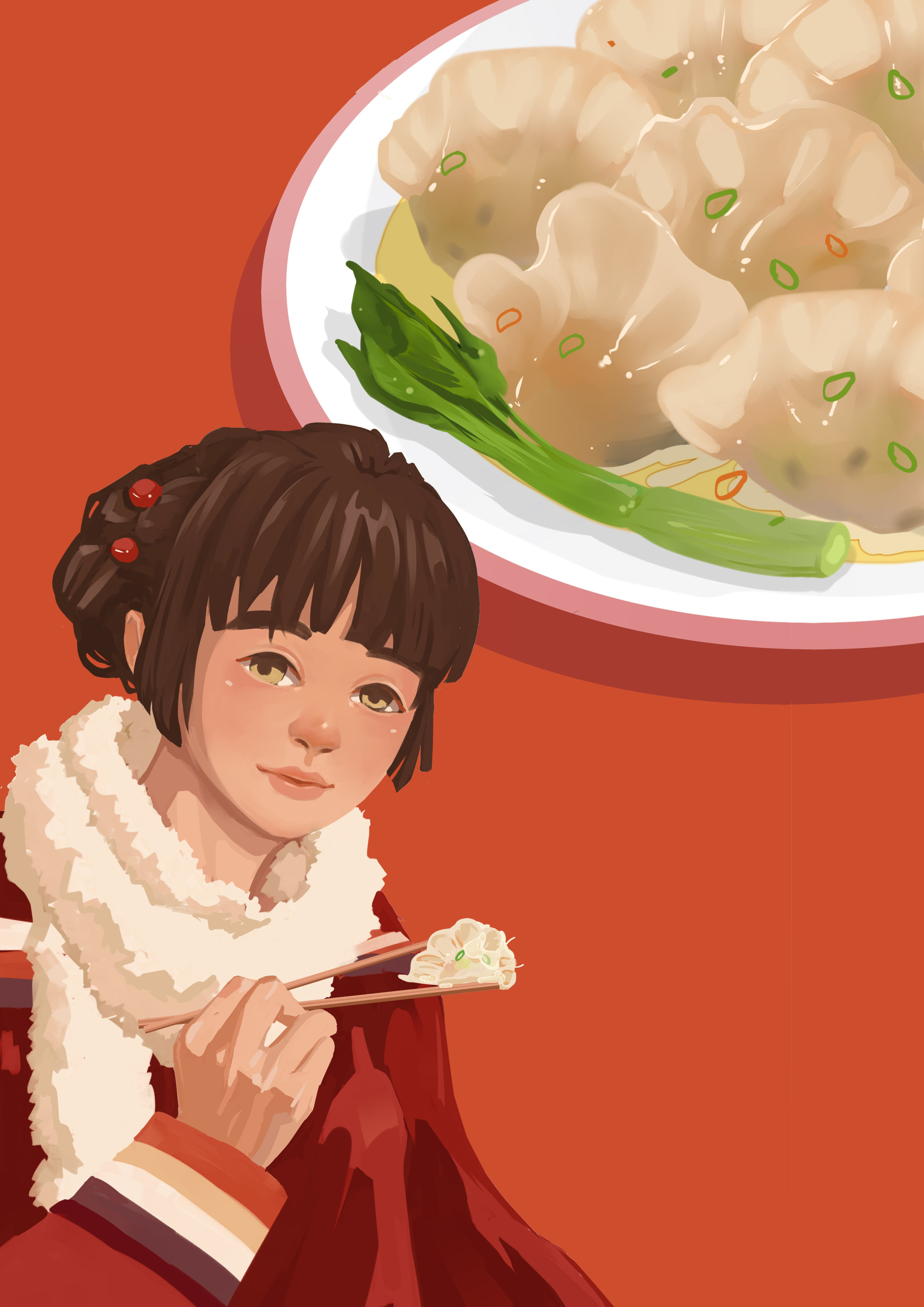 中国节日春节女孩吃饺子竖版