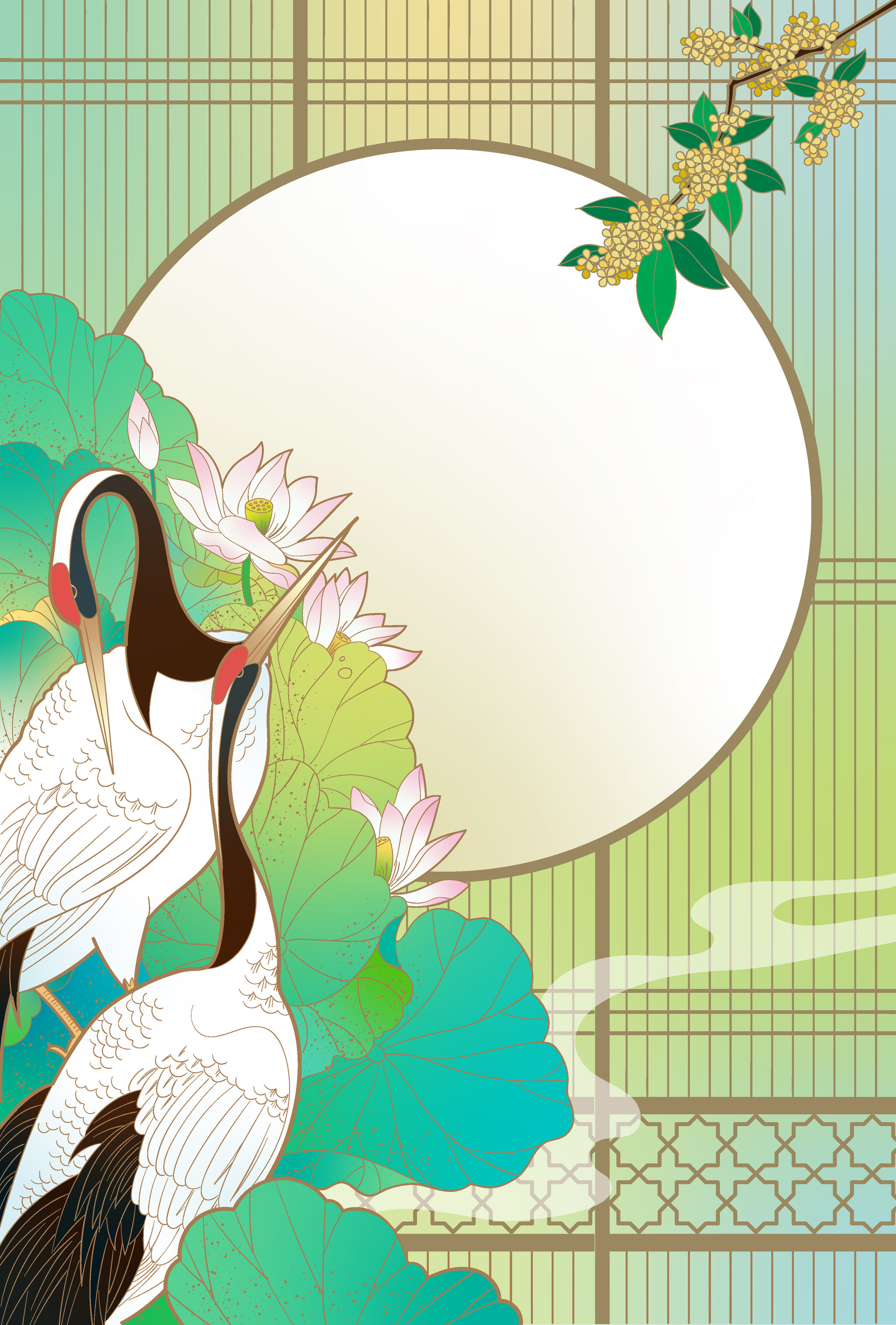 中国风仙鹤荷花桂花夏日底纹边框