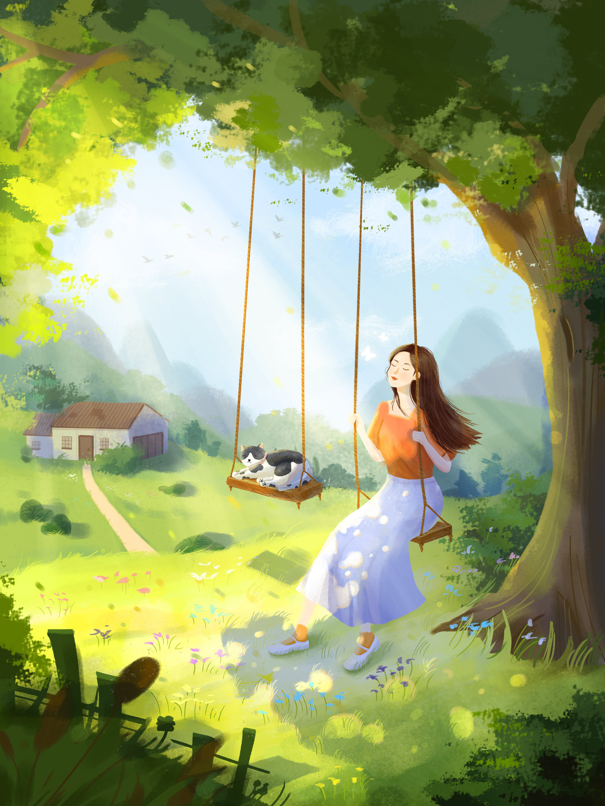 治愈插画-女孩和猫咪的日常