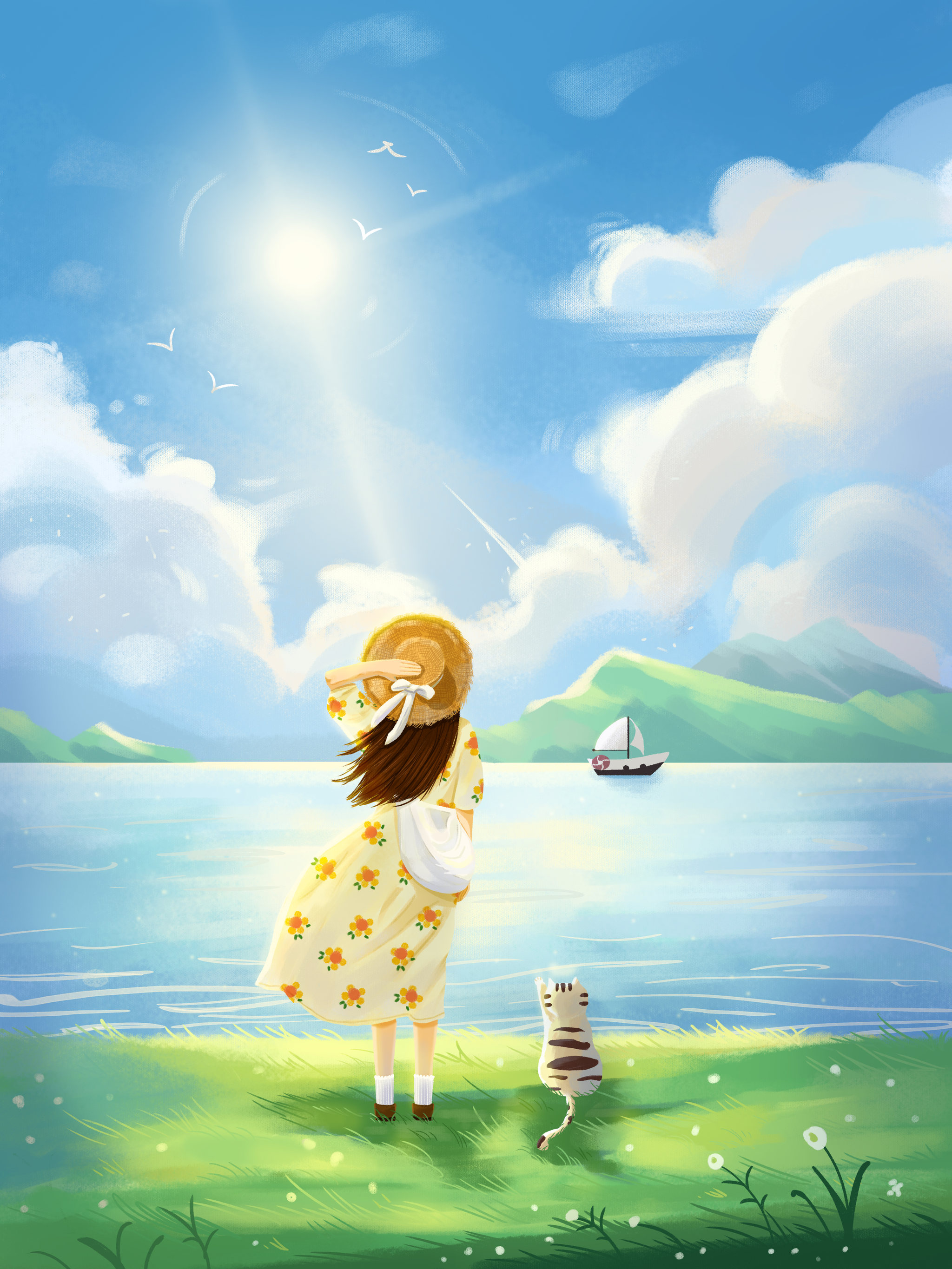 治愈插画女孩和猫咪的日常