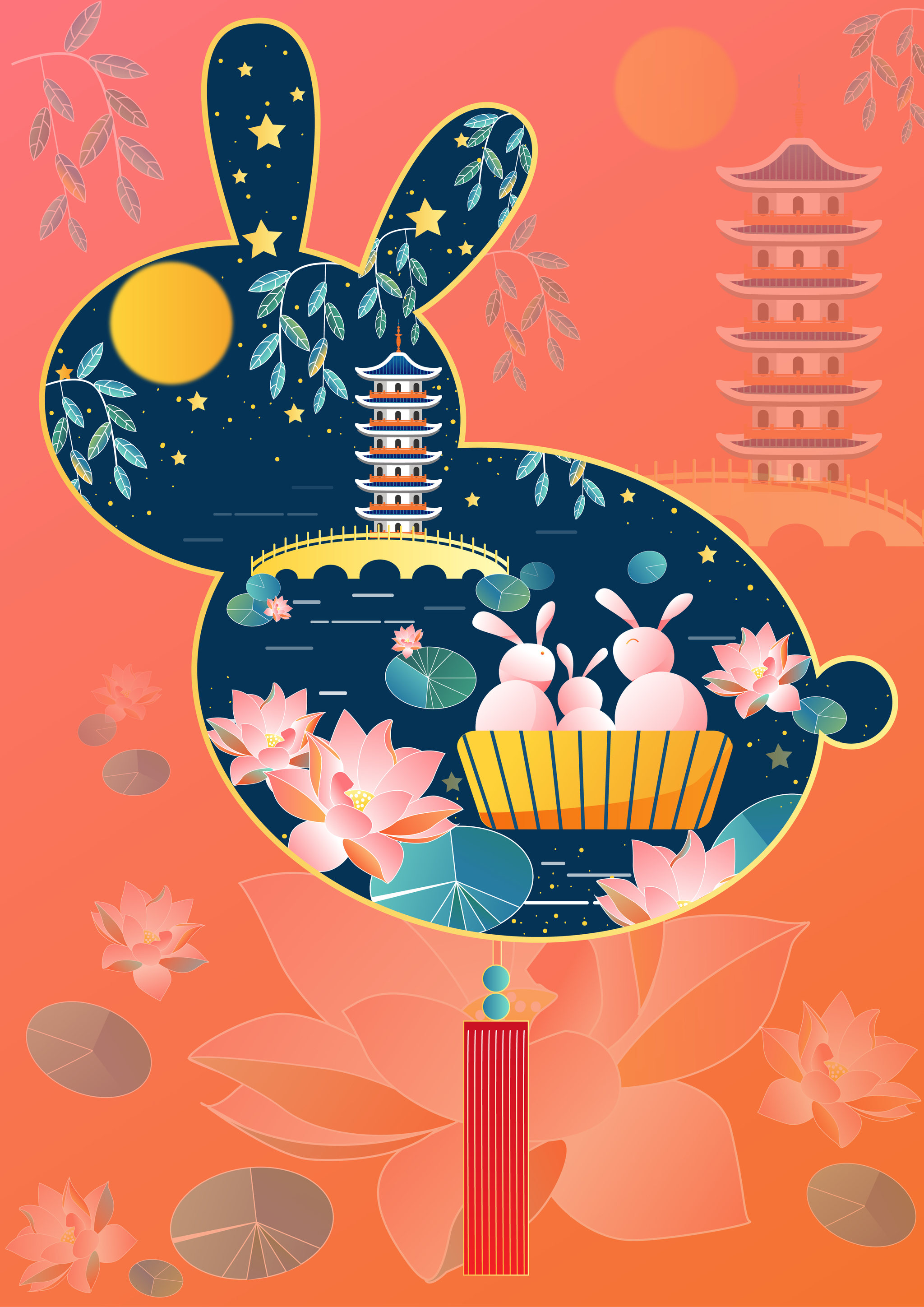 矢量插画兔子灯月亮