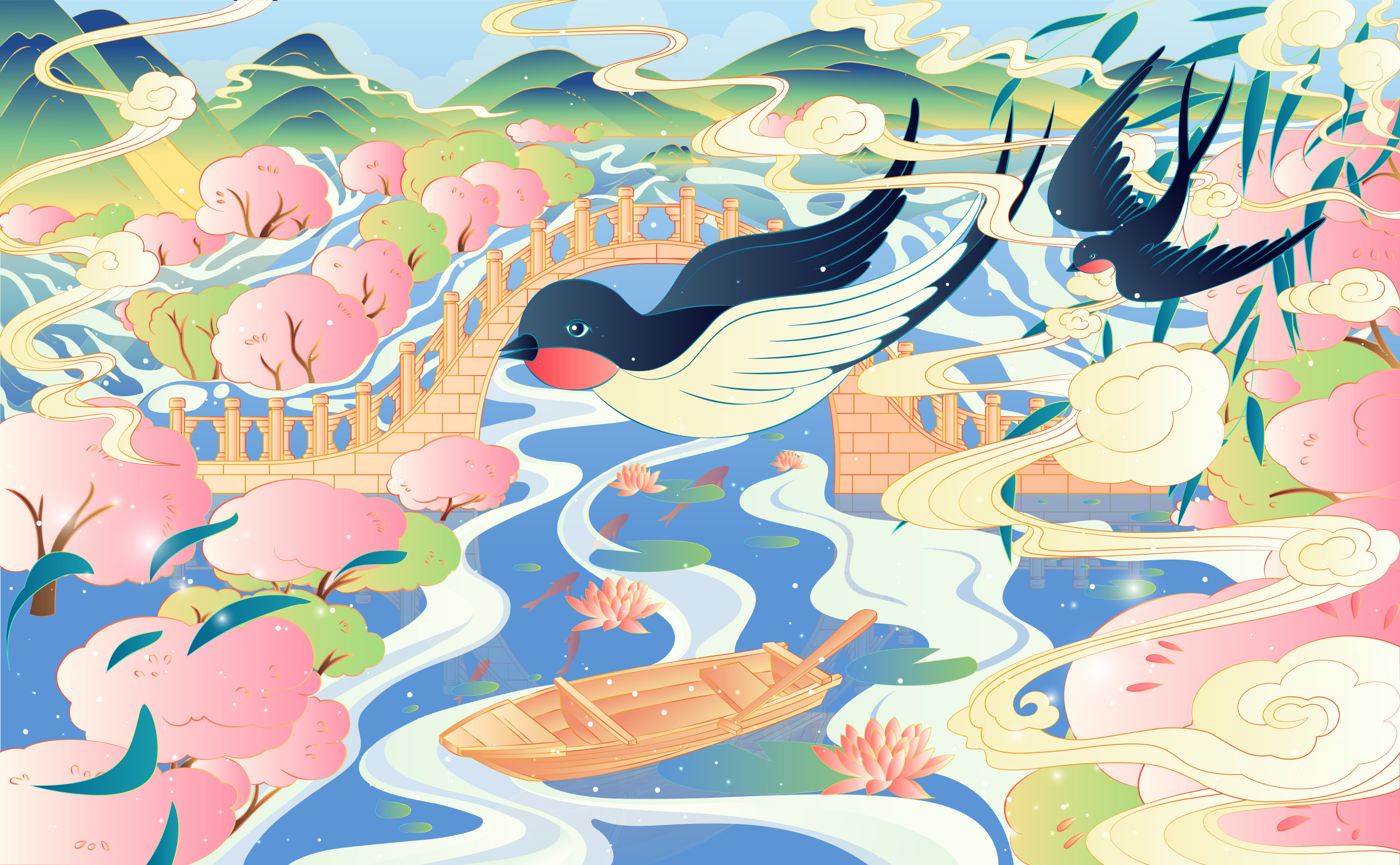 杭州西湖国潮风西湖十景系列风景插画苏堤春晓