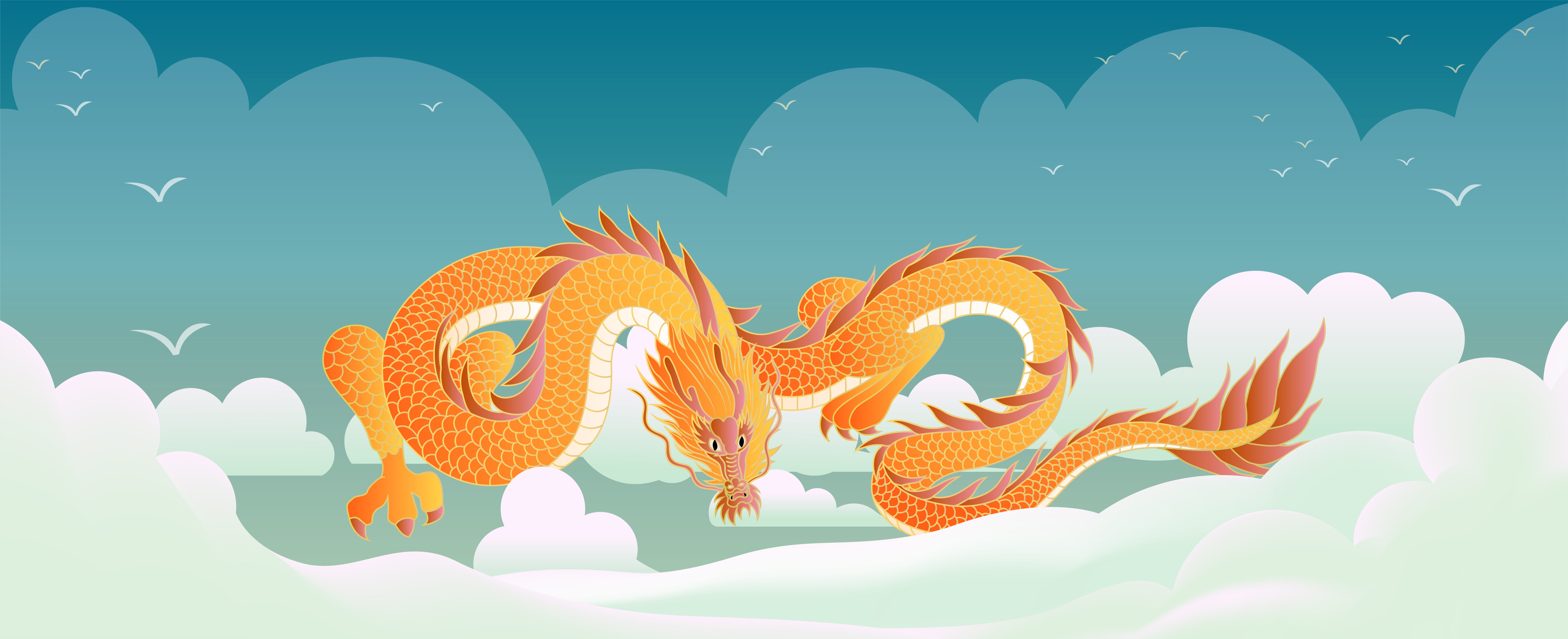 一条金色的龙匍匐在地平线上矢量插画