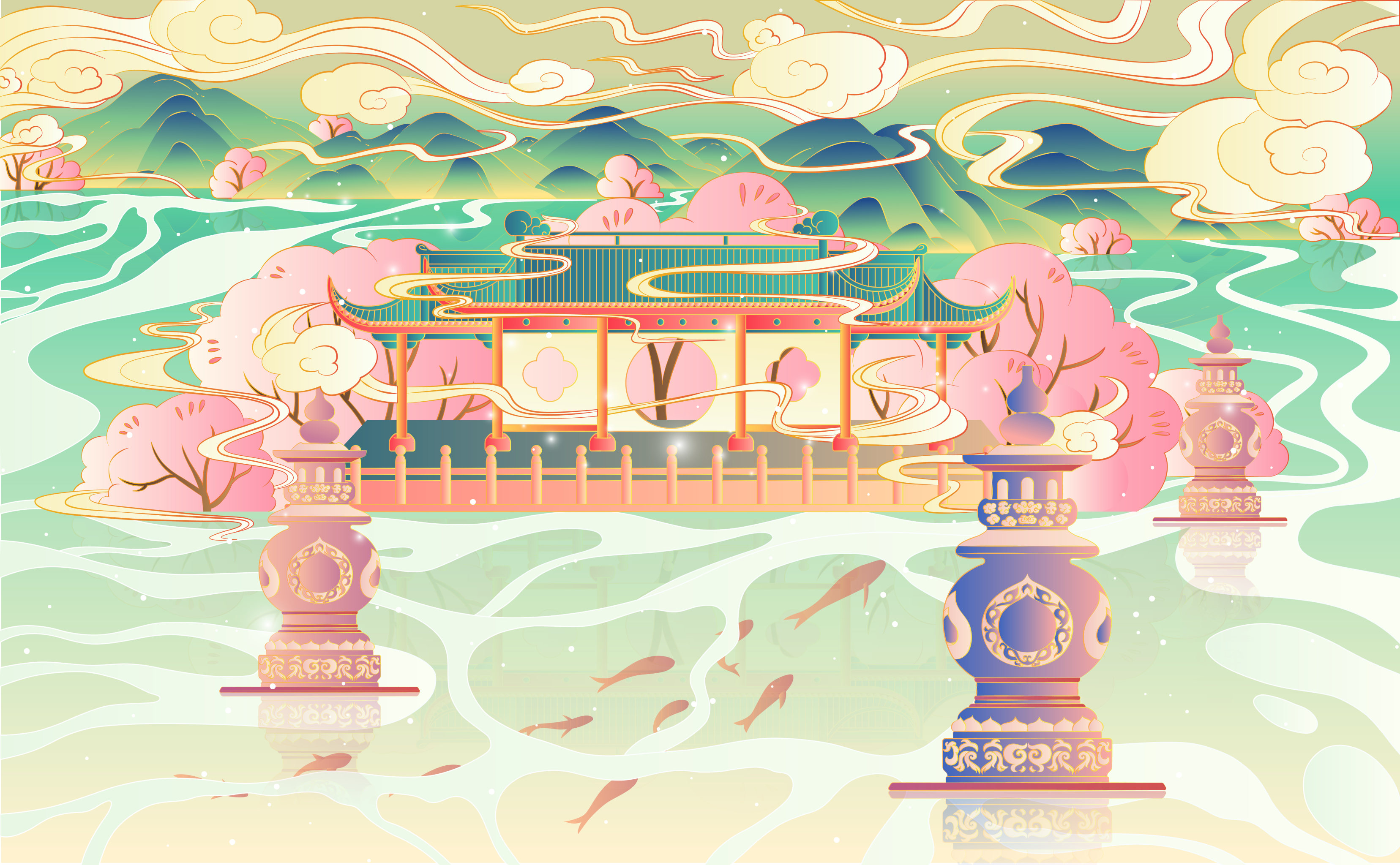 杭州西湖国潮风西湖十景系列风景插画三潭印月